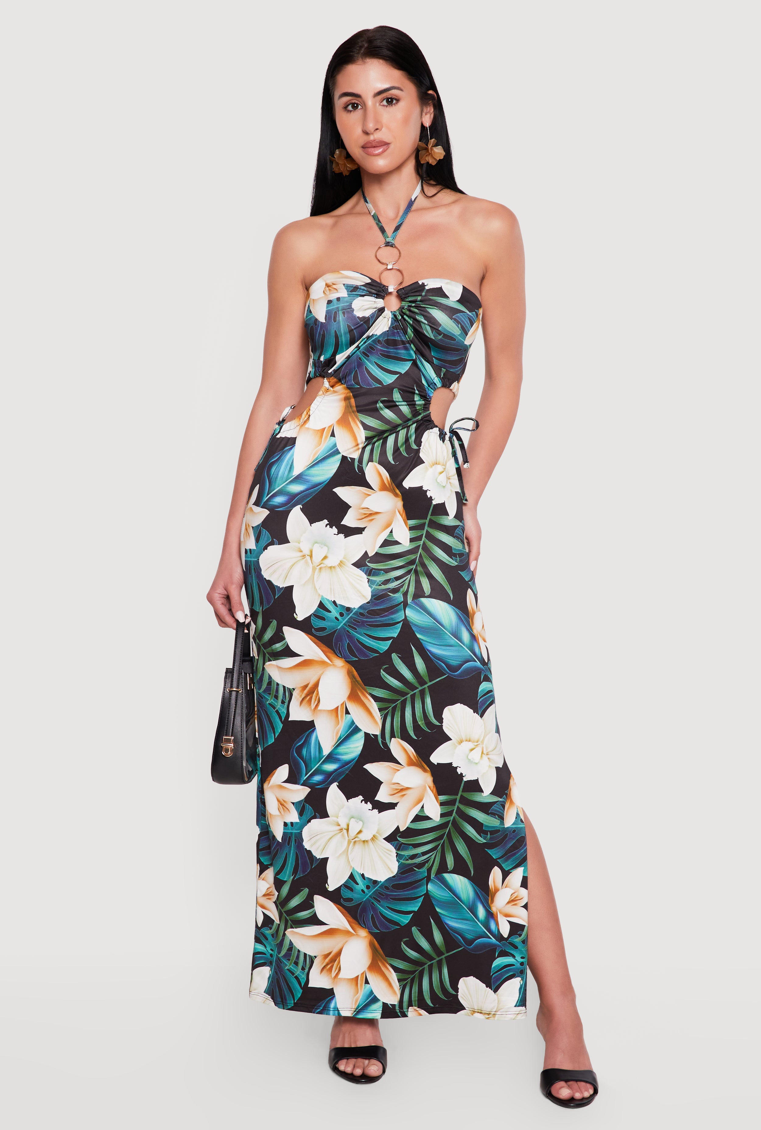 Tropical Floral Keyhole Halter Maxi Dress