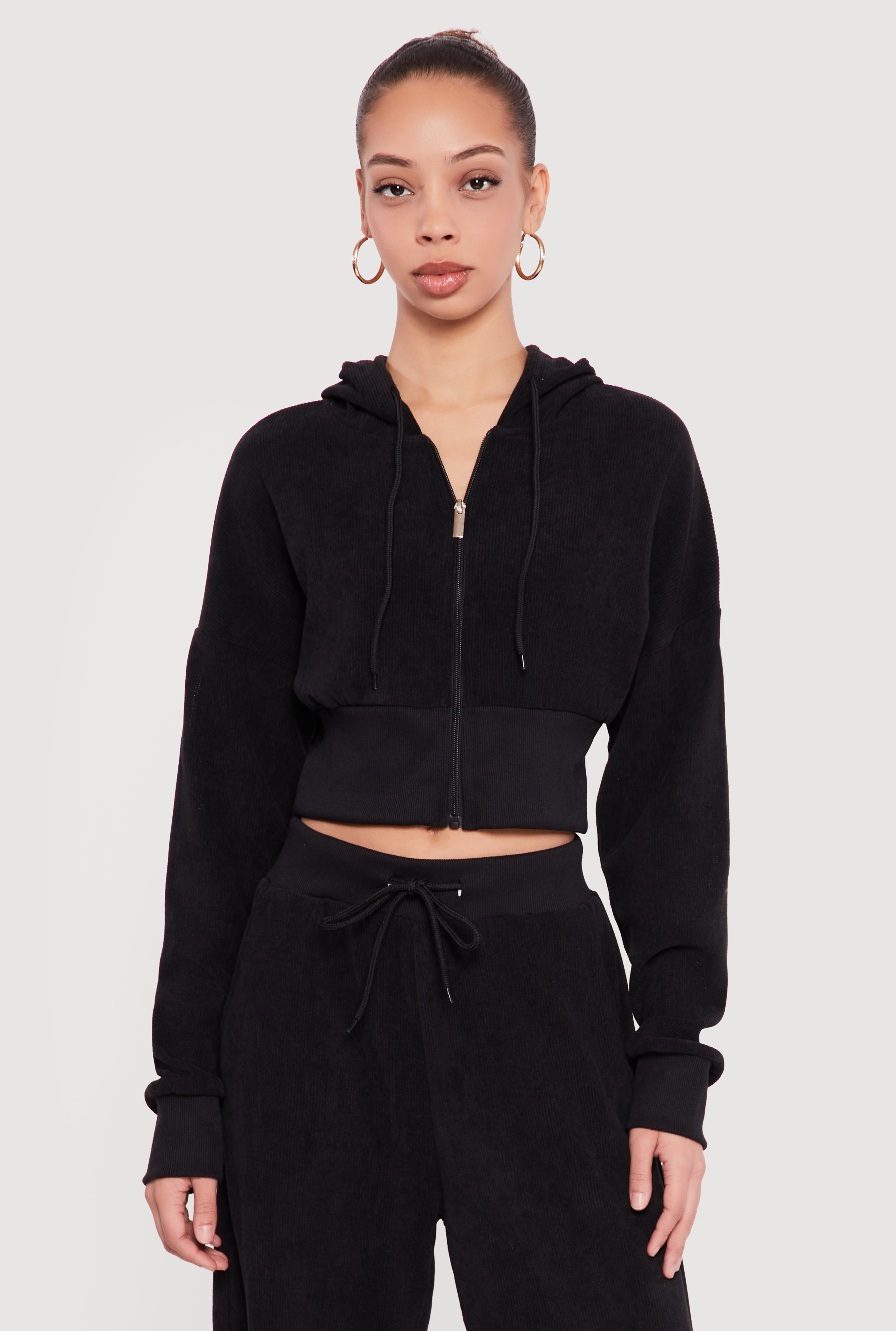 Rib Knit Cropped Zip Front Hoodie