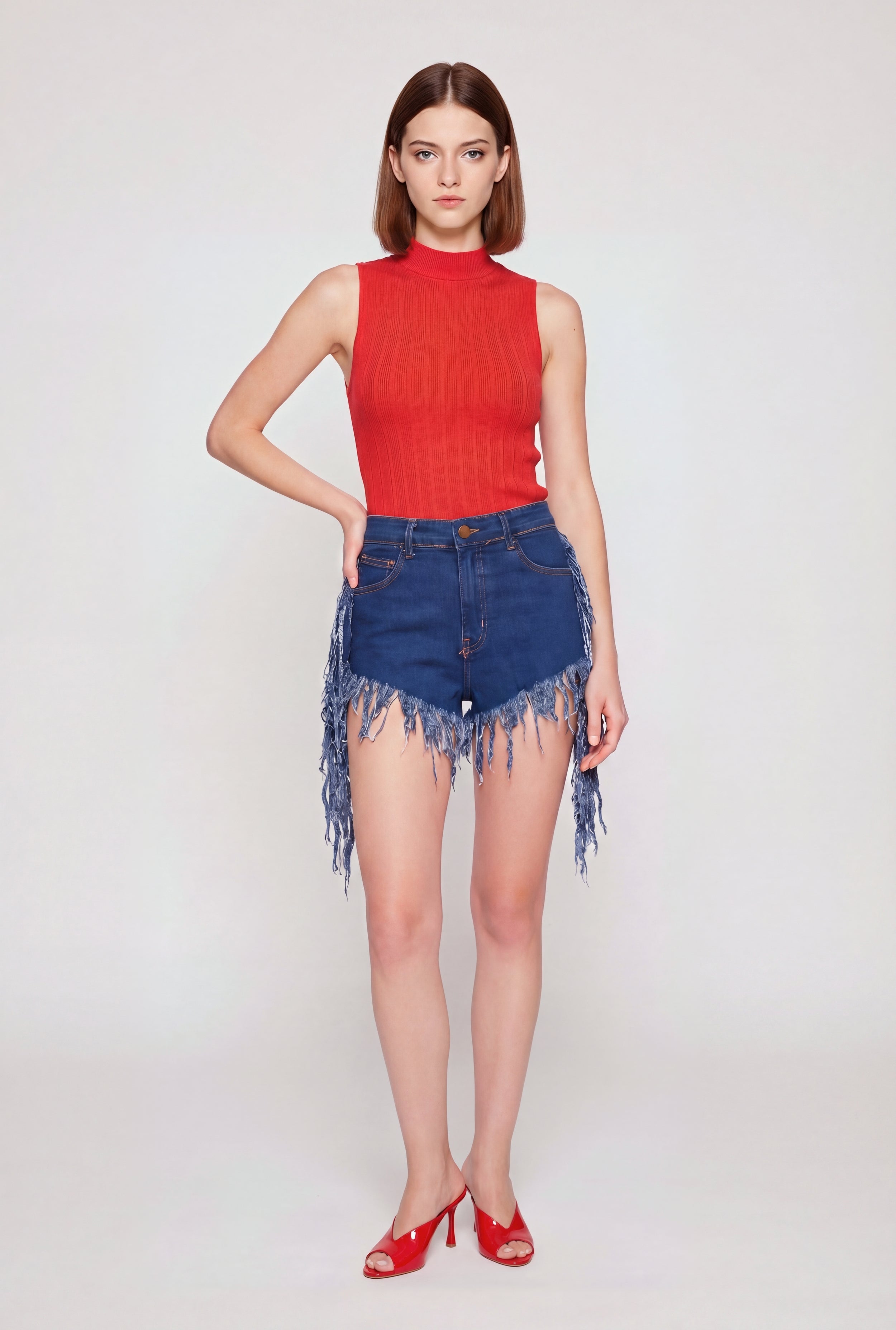 andwang fringe denim short pants デニム　パンツ Fringe Hem and Side Denim Shorts
