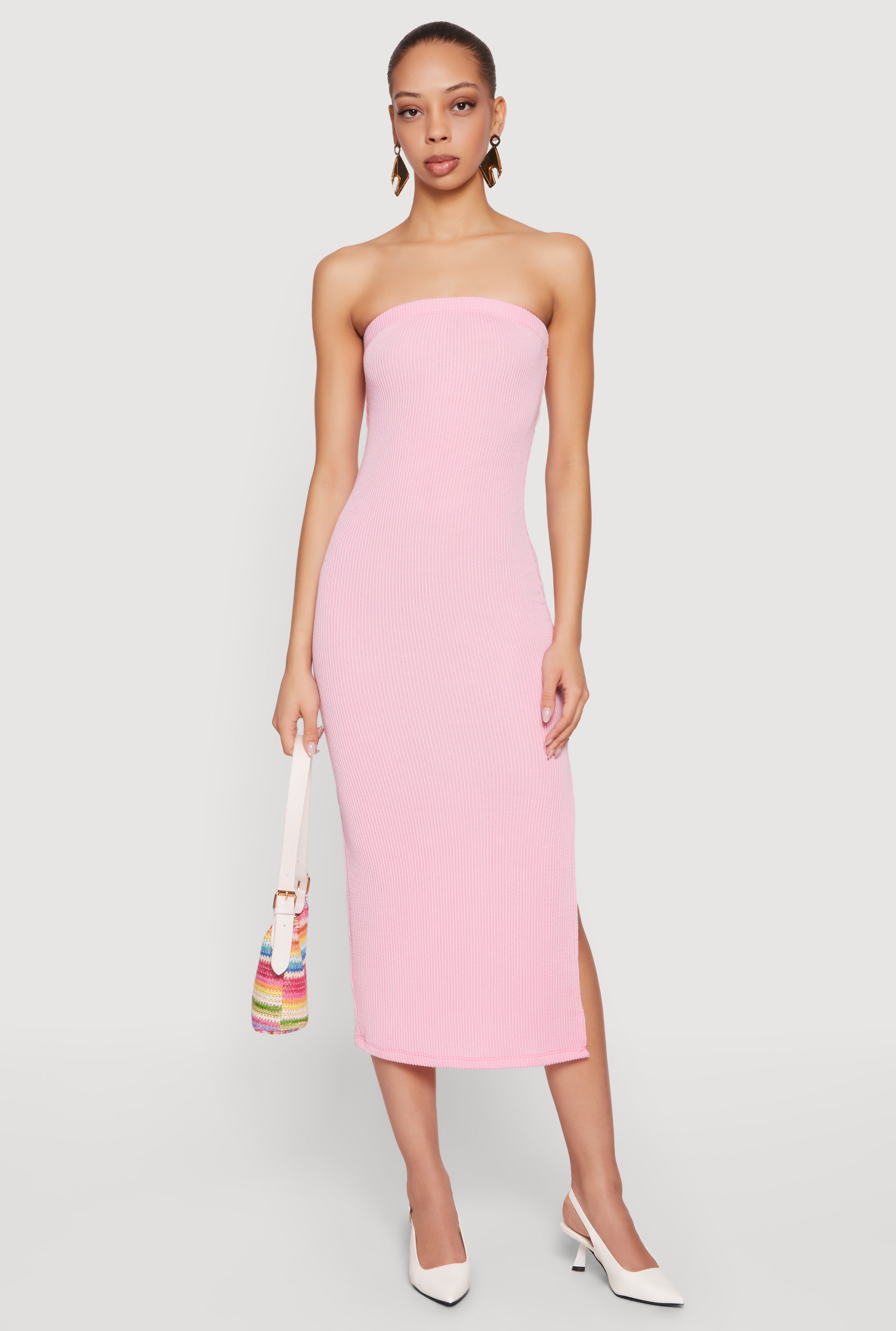 ribbed midi dresses Womens Ribbed Knit Side Slit Midi Tube Dress with Keyhole Back, Pink, Size L