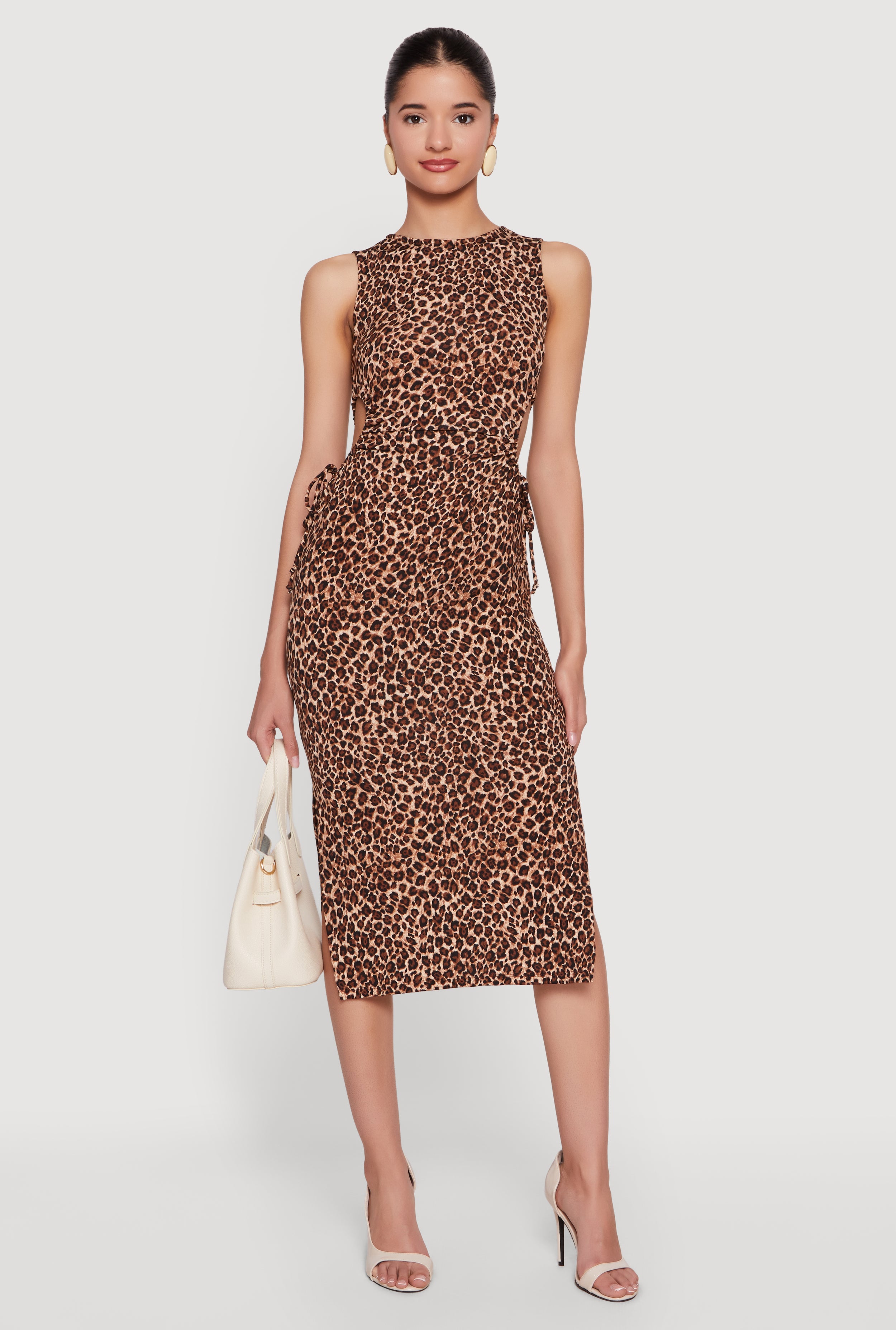midi dress with cut out sides Womens Sleeveless Side Cutout Leopard Print Dress, Brown, Size M stretchy fabric allows room All White Birthday Outfit GRADUATION Size:16 (32/33)