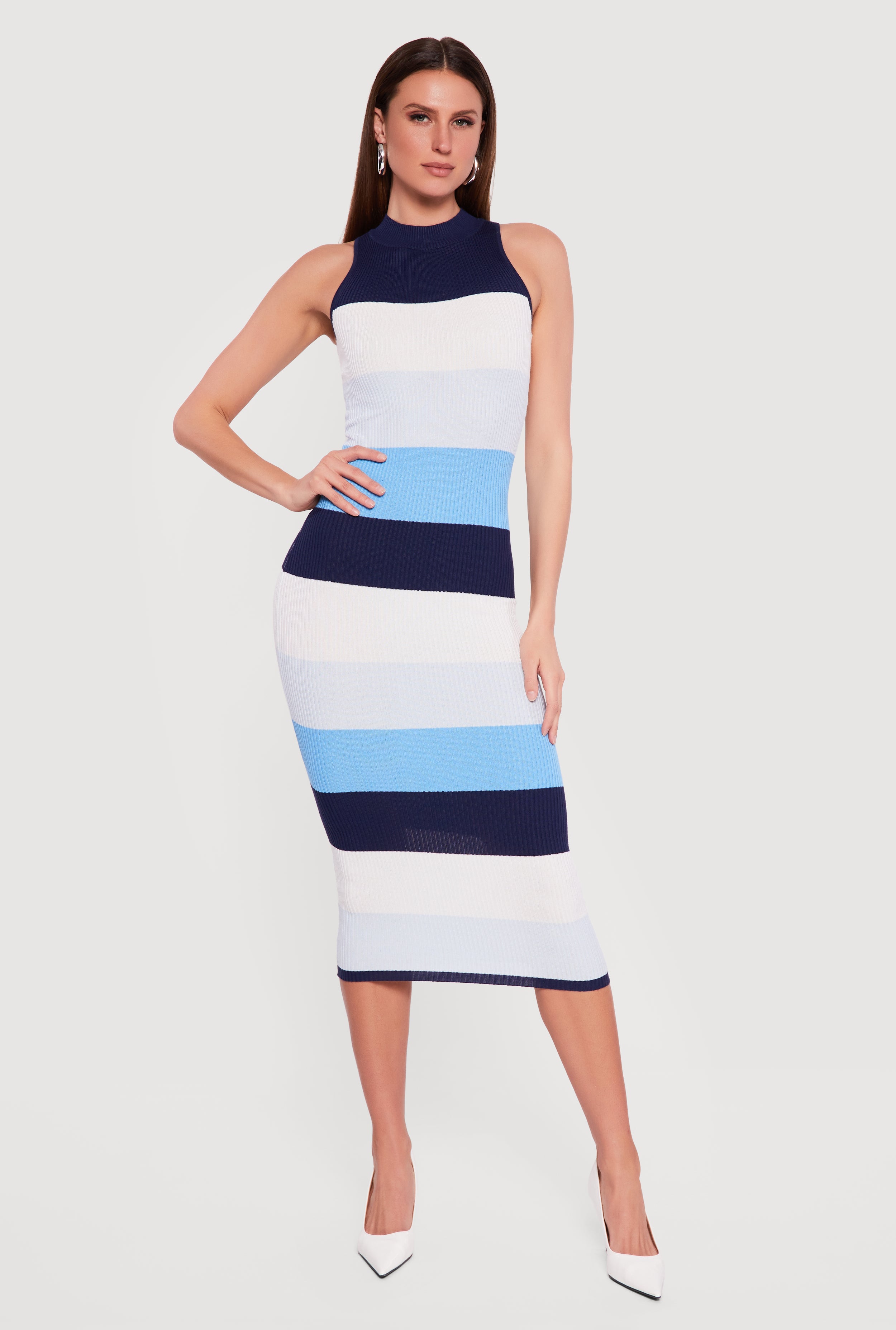 michelle bodycon knitted colourblock midi dress Color Block Rib Knit Mock Neck Sleeveless Midi Dress