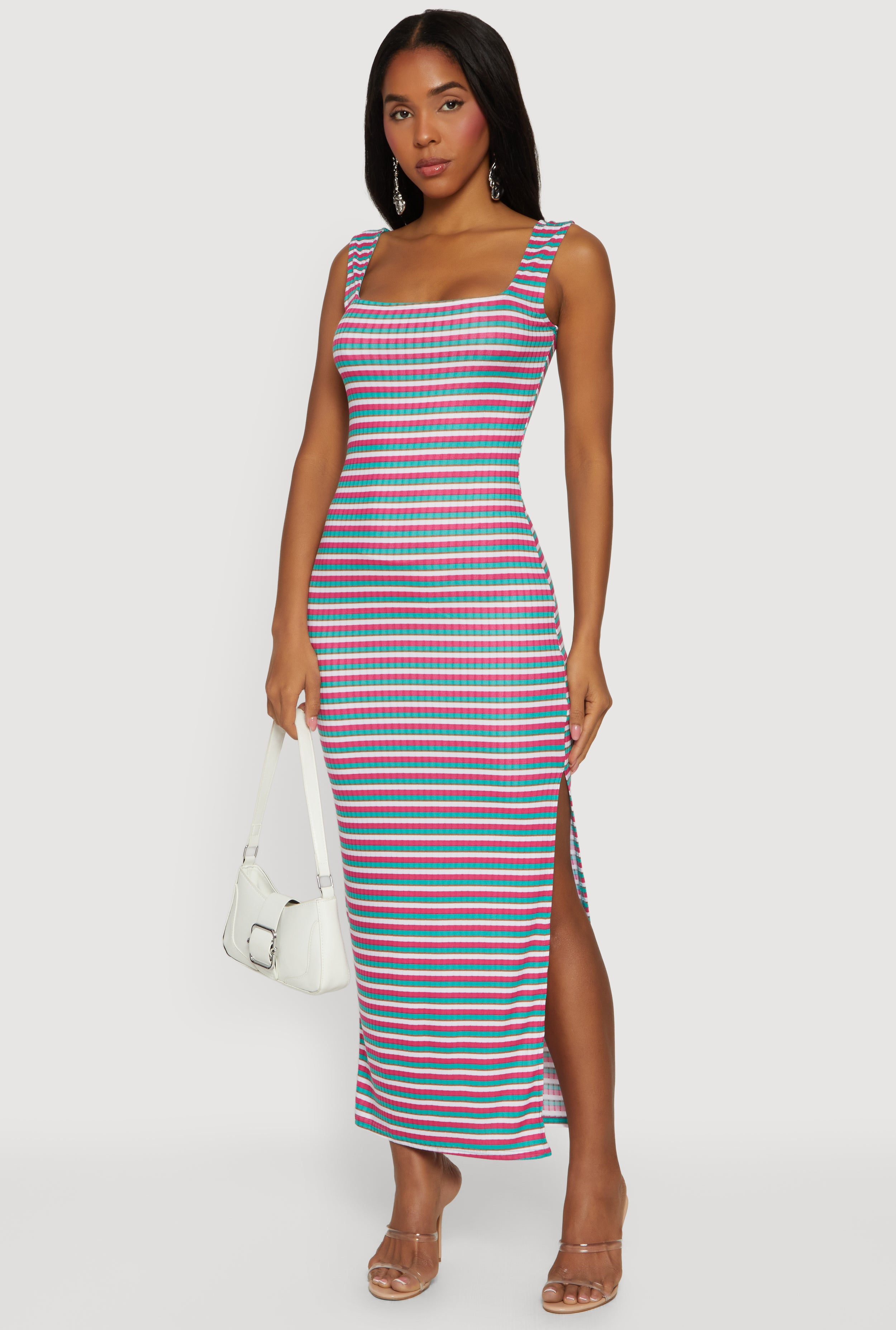 Striped Rib Knit Square Neck Side Slit Maxi Dress