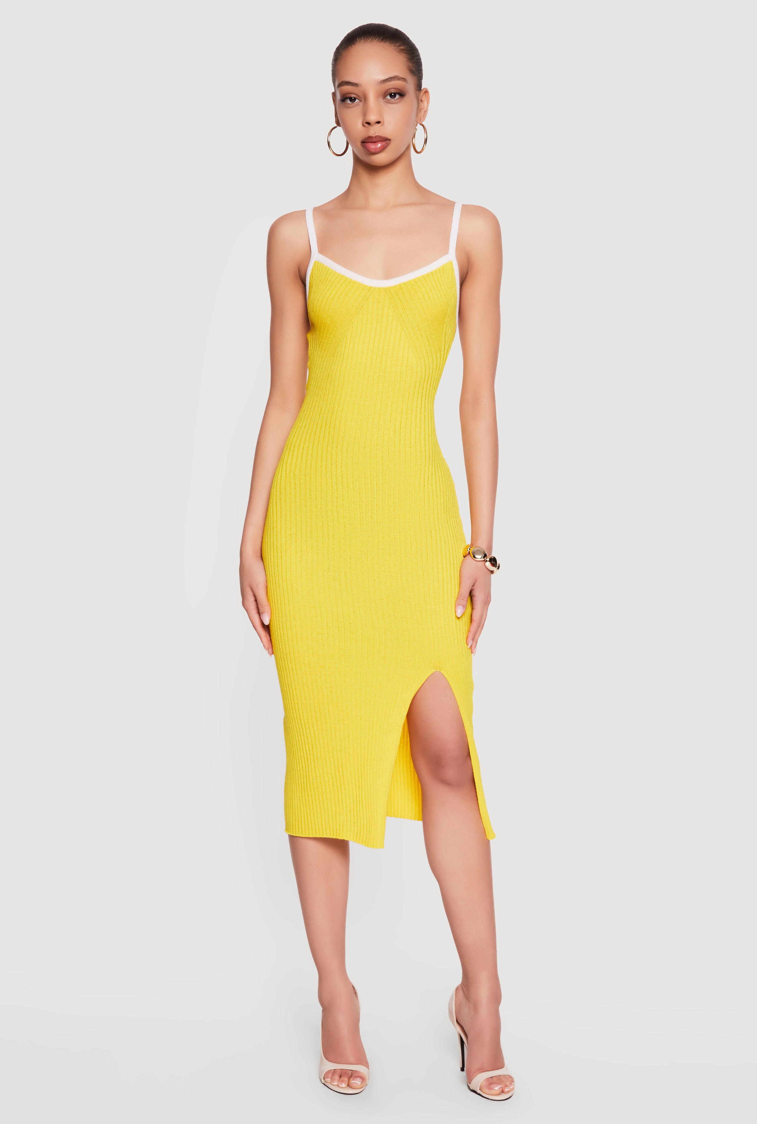 Contrast Trim Rib Knit Tie Back Keyhole Cami Midi Dress