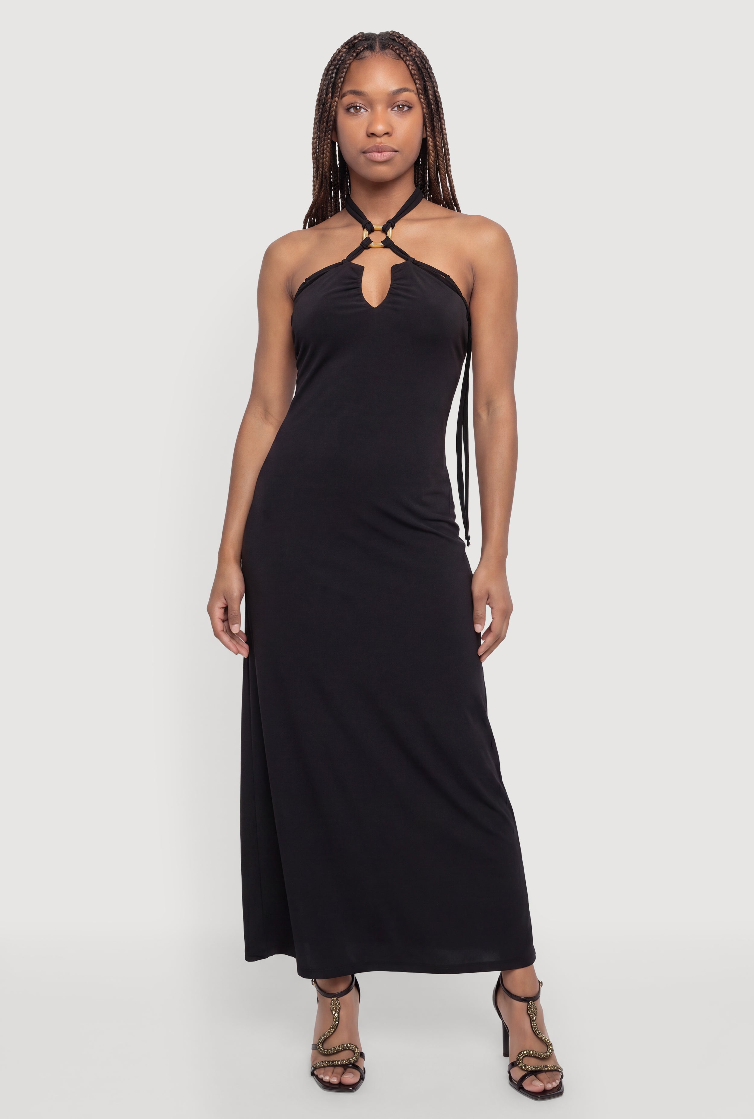 Womens Keyhole Halter Maxi Dress, Brown, Size M