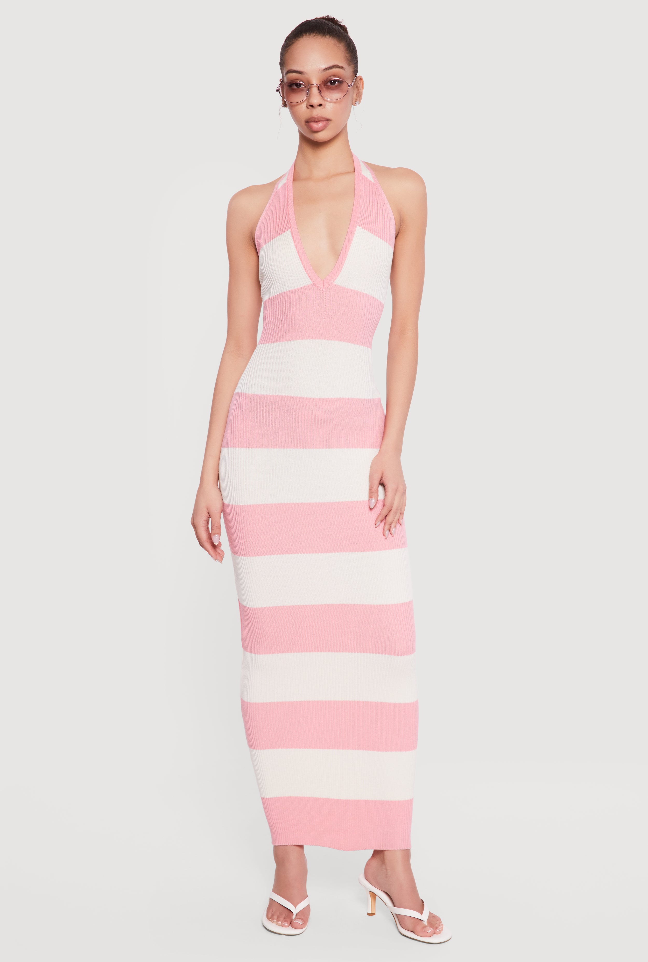 Striped Rib Knit Lace Up Back Halter Maxi Dress