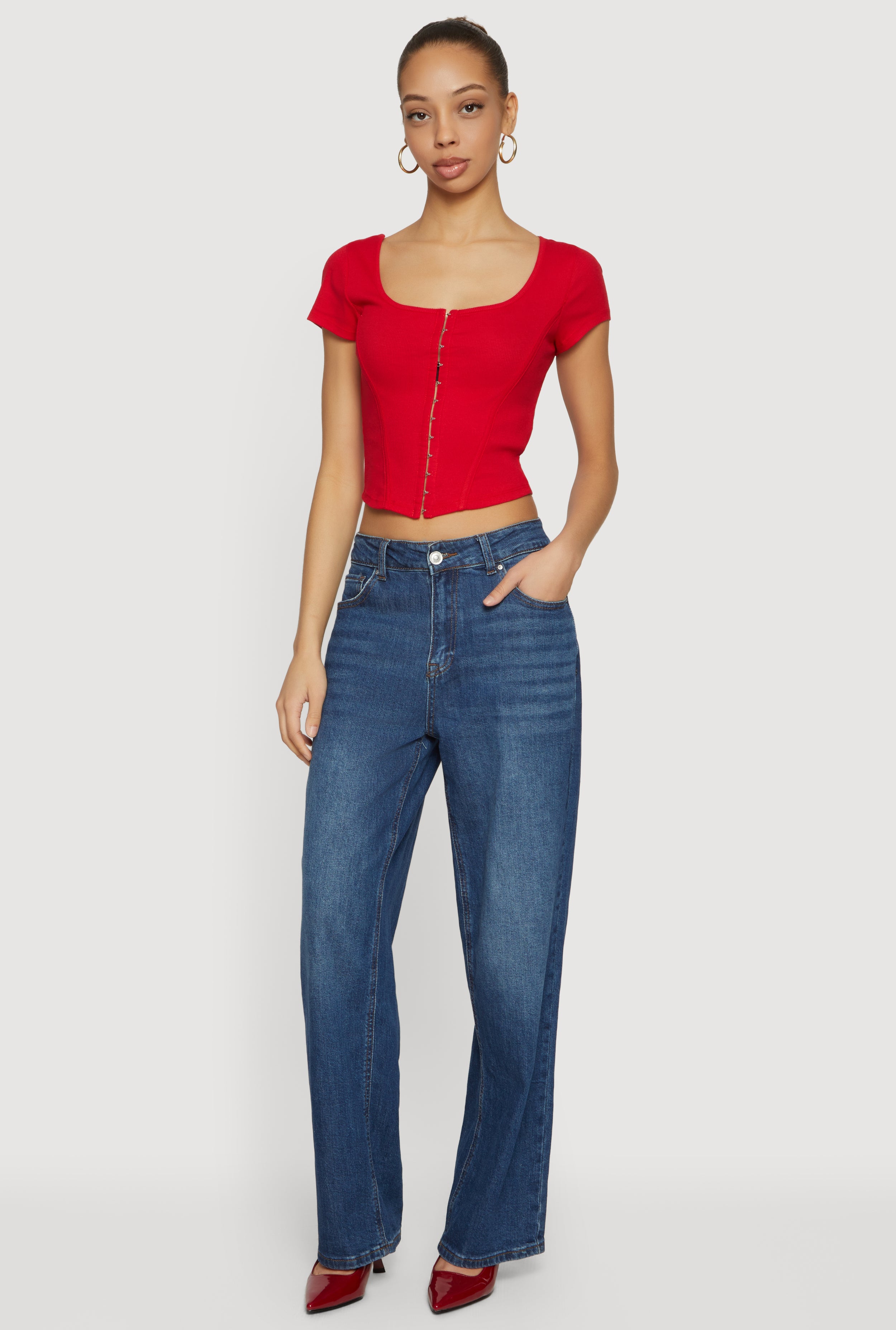 Rib Knit Hook and Eye Front Corset Crop Top