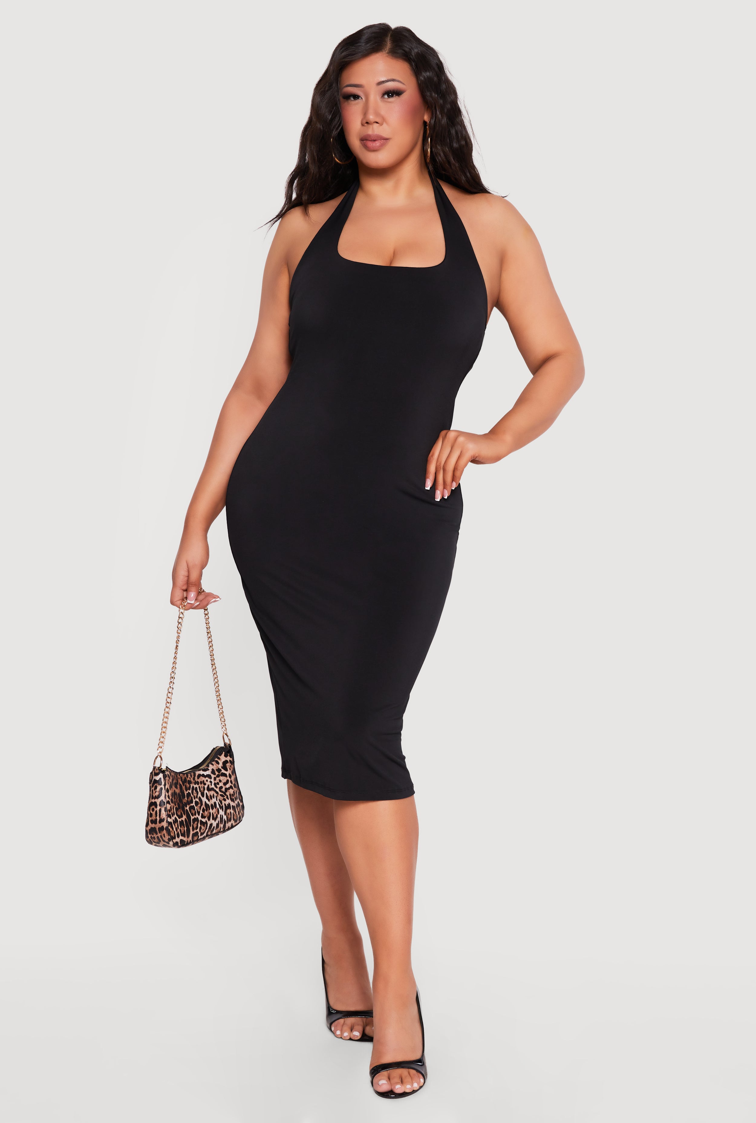 Womens Plus Size Slit Back Midi Halter Dress, Black, Size 1X - Rainbow Shops Womens Plus Size Slit Back Midi Halter Dress, Black, Size 1X - Rainbow Shops