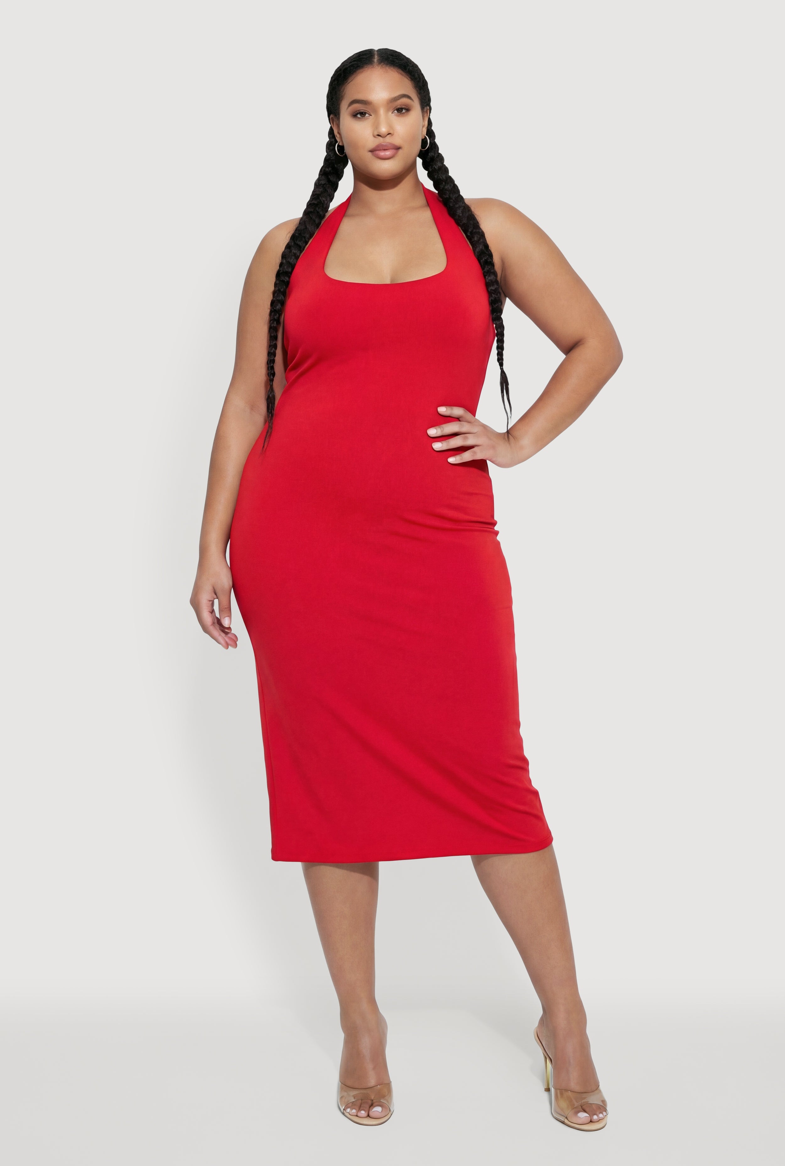 Plus Size Slit Back Midi Halter Dress