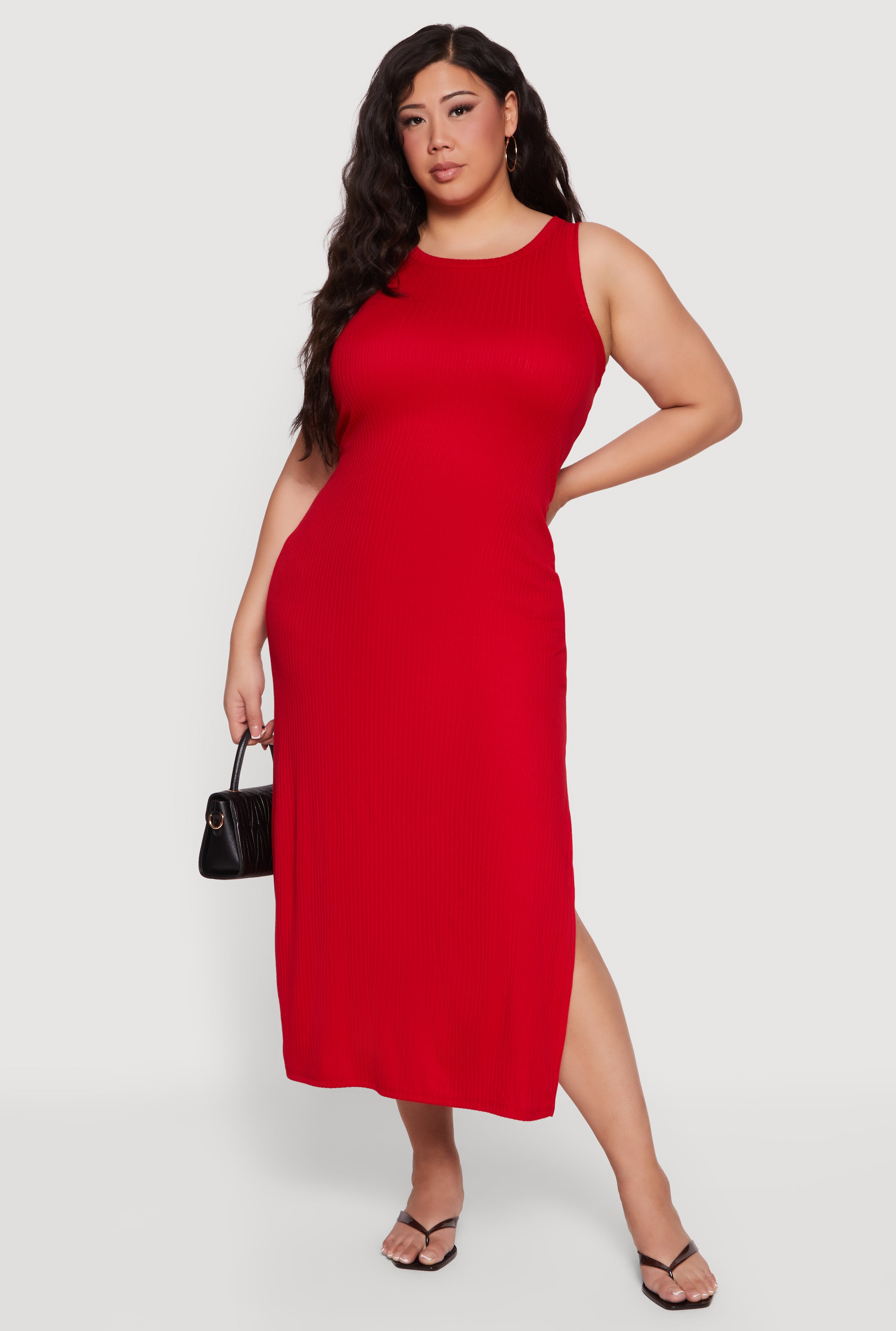 Plus Size Rib Knit Side Slit Tank Midi Dress