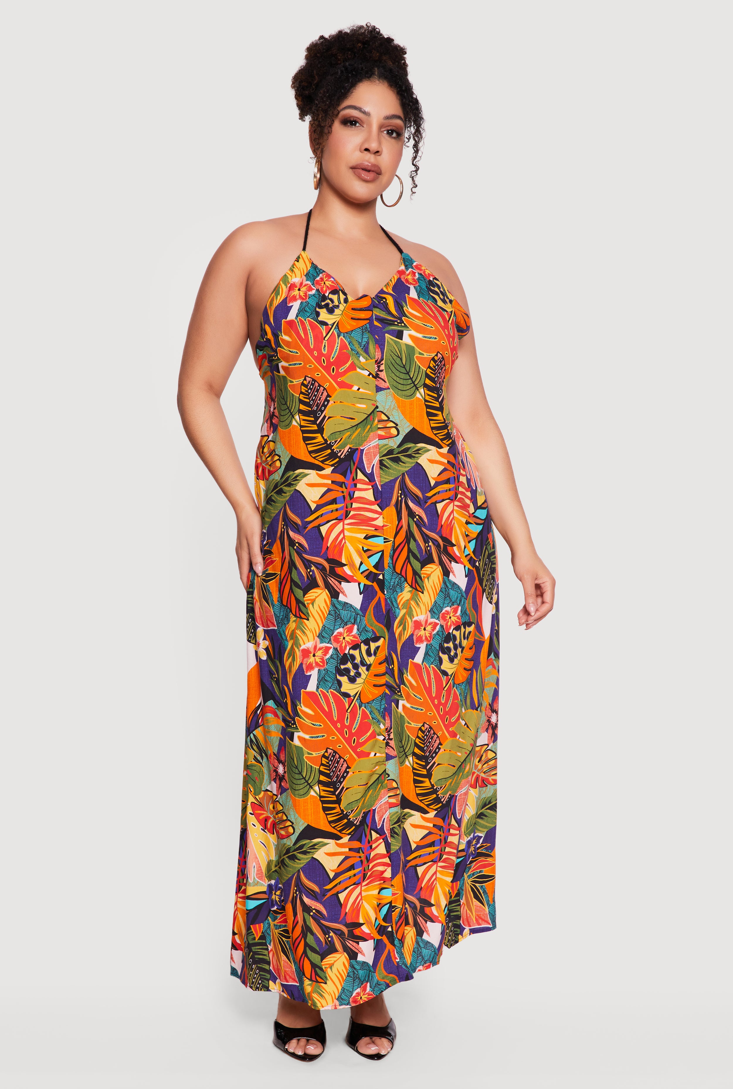 Plus Size Tropical Leaf Print Halter Maxi Dress Plus Size Tropical Leaf Print Halter Maxi Dress