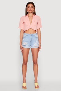 Crepe Knit Plunge Twist Front Shirt