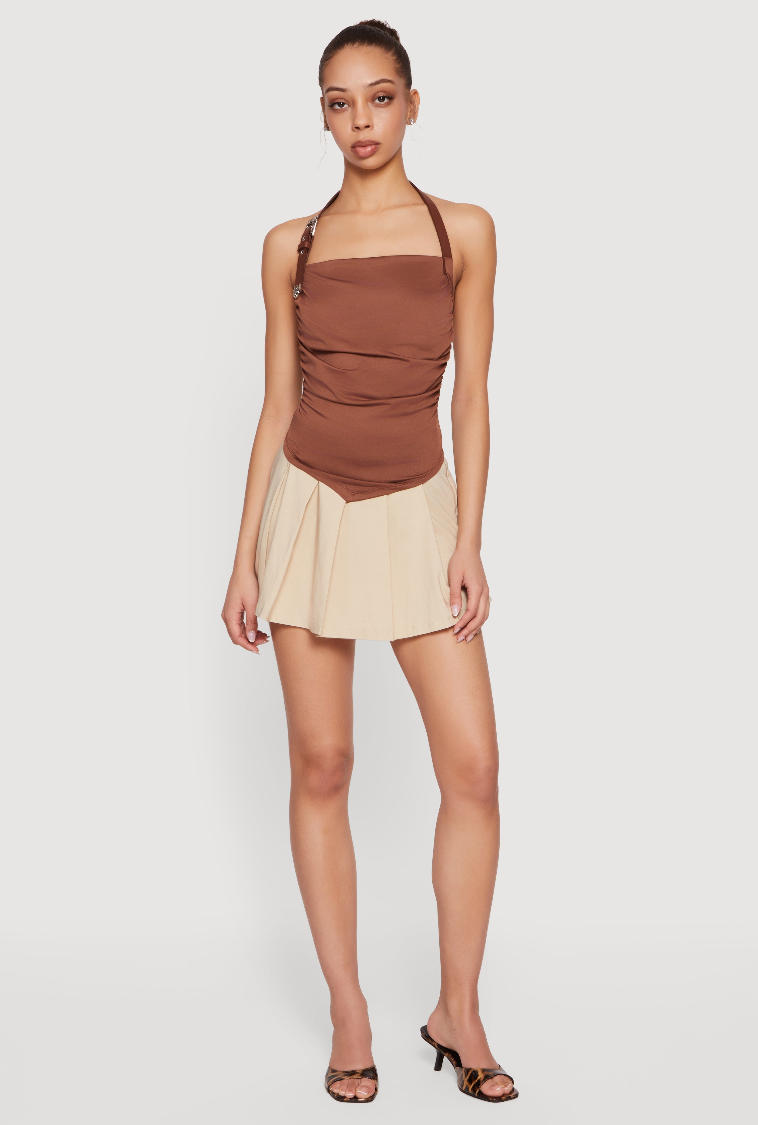 Ruched Side Buckle Strap Halter Top