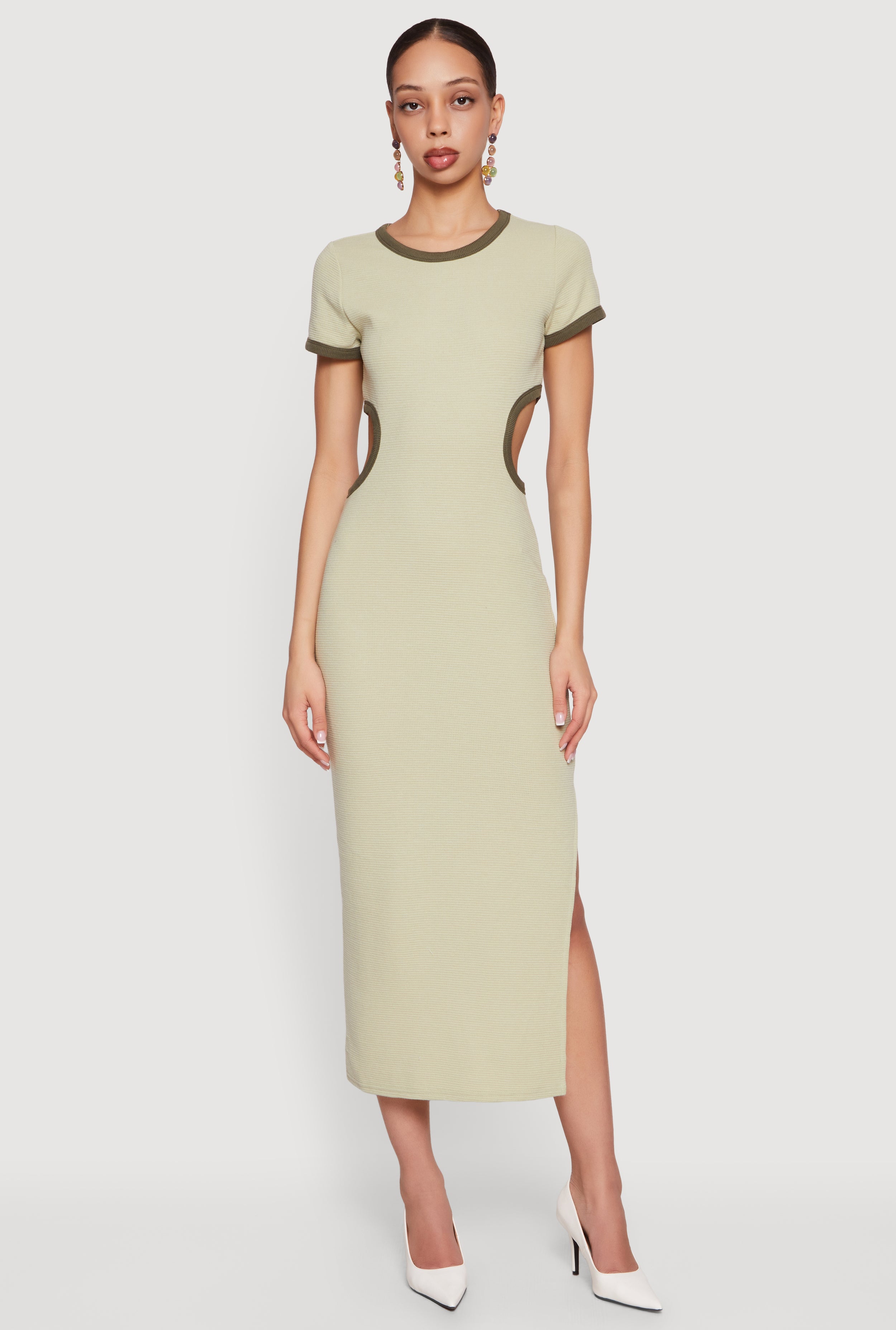 short-sleeve metallic cutout midi dress Contrast Trim Cutout Back Short Sleeve Midi Dress
