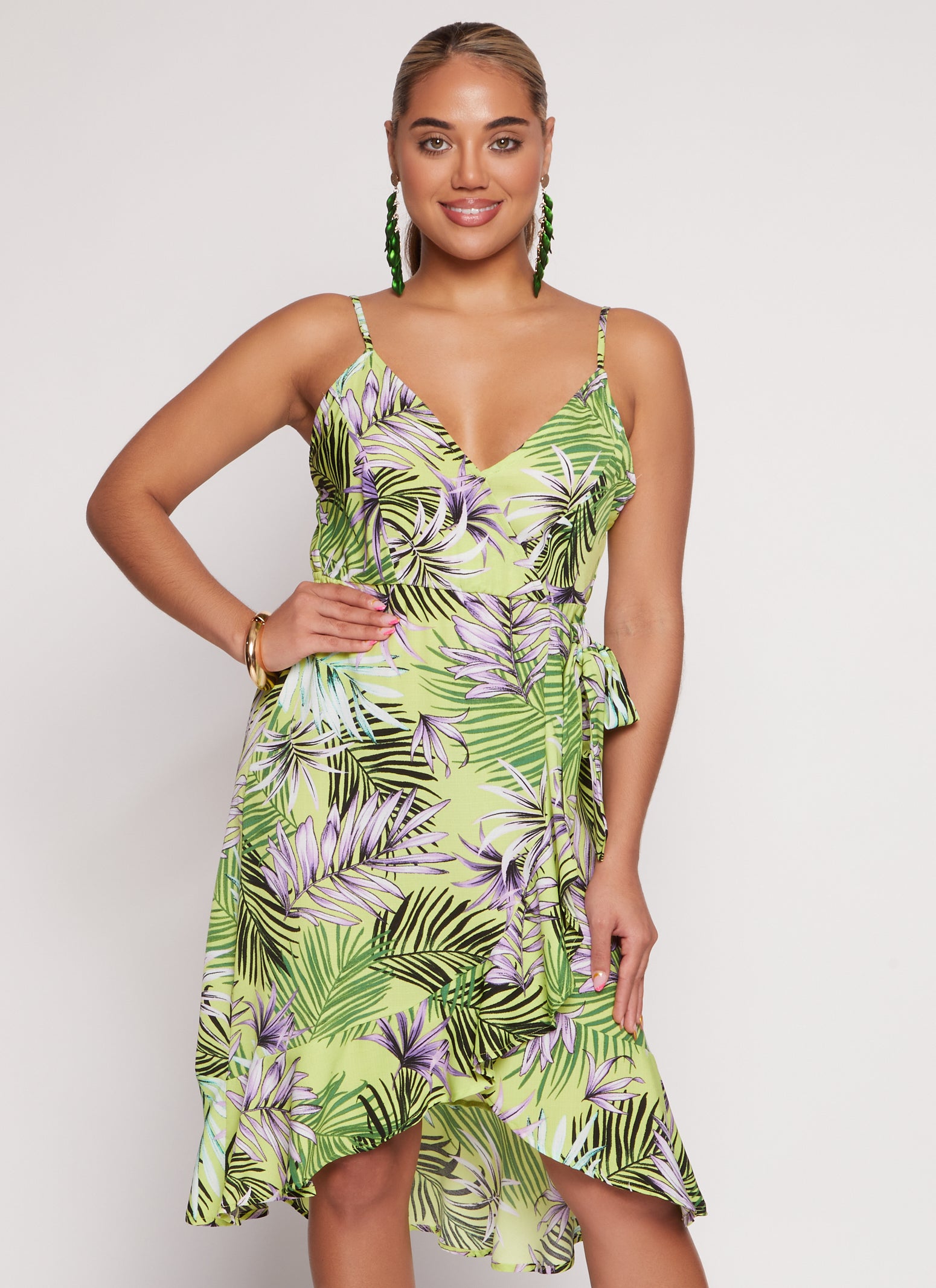 Tropical Print Faux Wrap Tulip Hem Dress