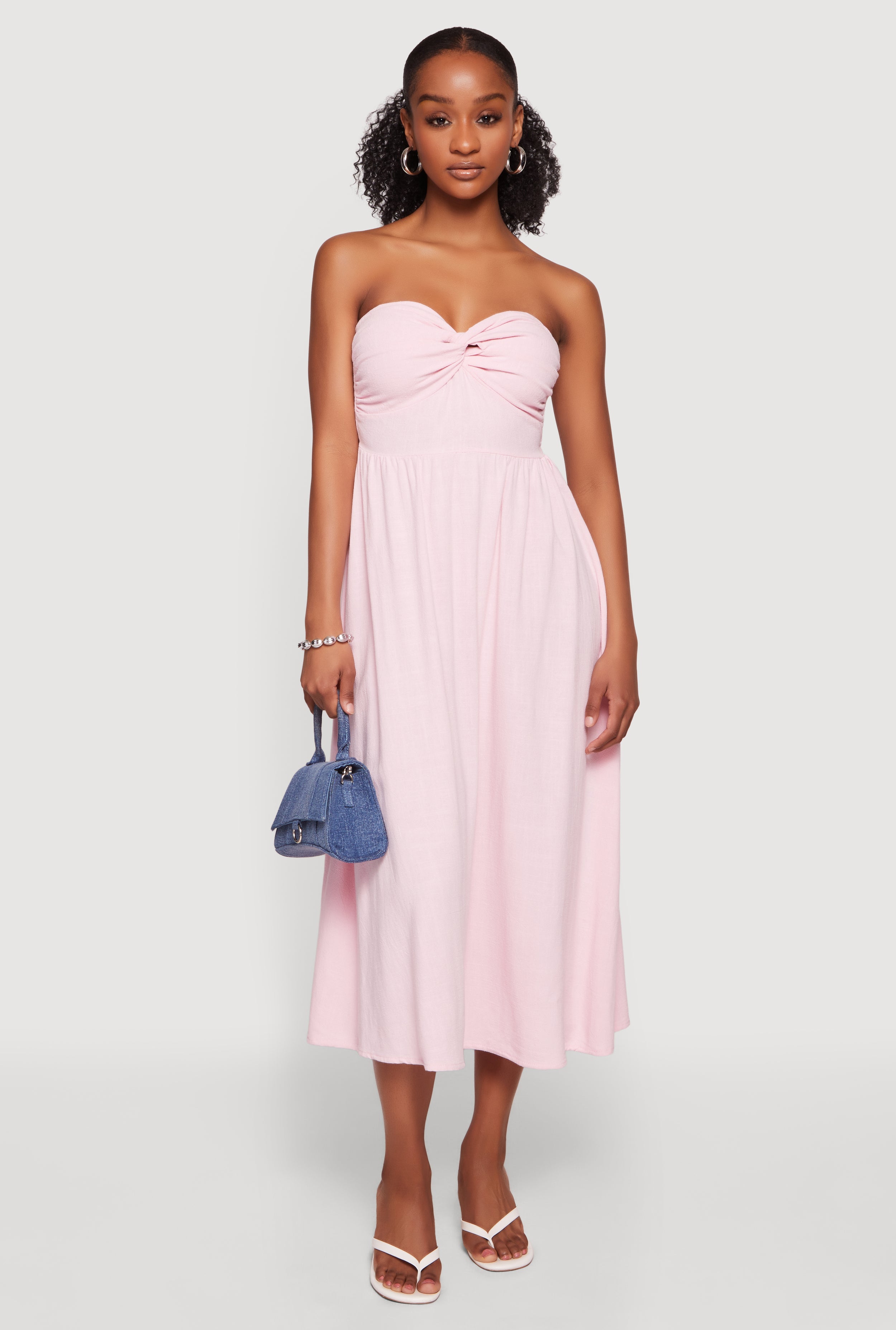 Womens Twist Front Strapless Midi Dress, Pink, Size L