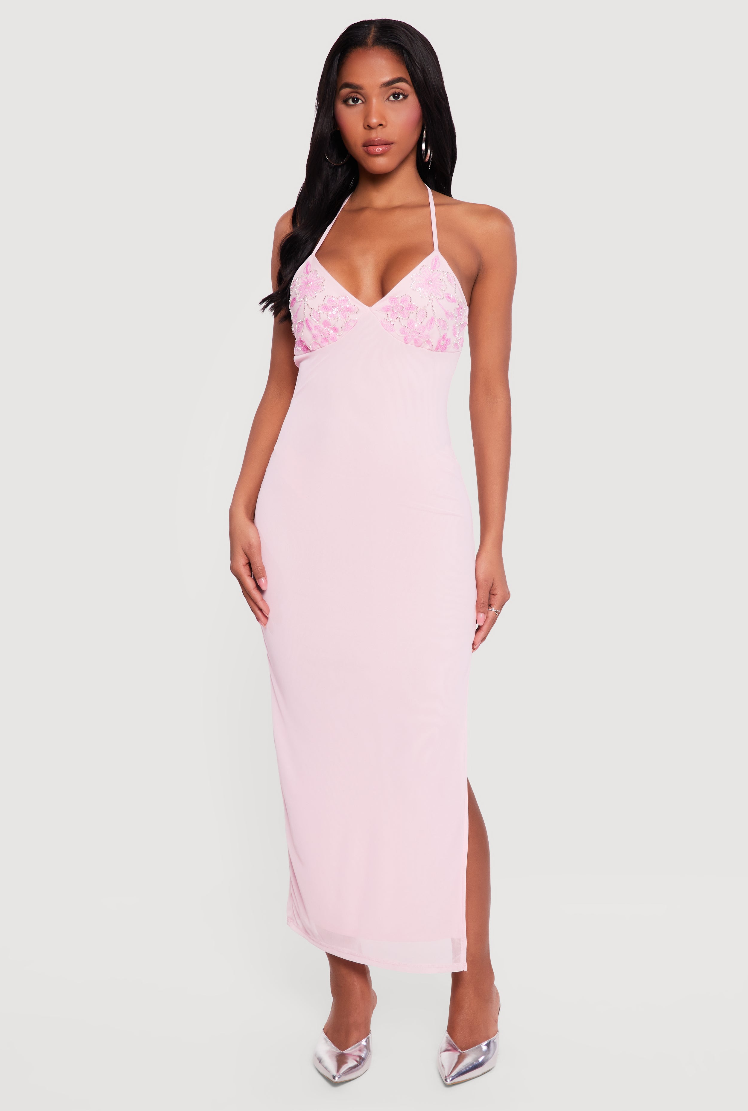 pink glitter strappy belt detail bodycon dress Womens Floral Sequin Beaded Side Slit Halter Maxi Dress, Pink, Size M Cinderella Couture CC8035J Spaghetti Size:14-14½ 32/33 bridesmaiddressclearance The thoughtful bead detailing