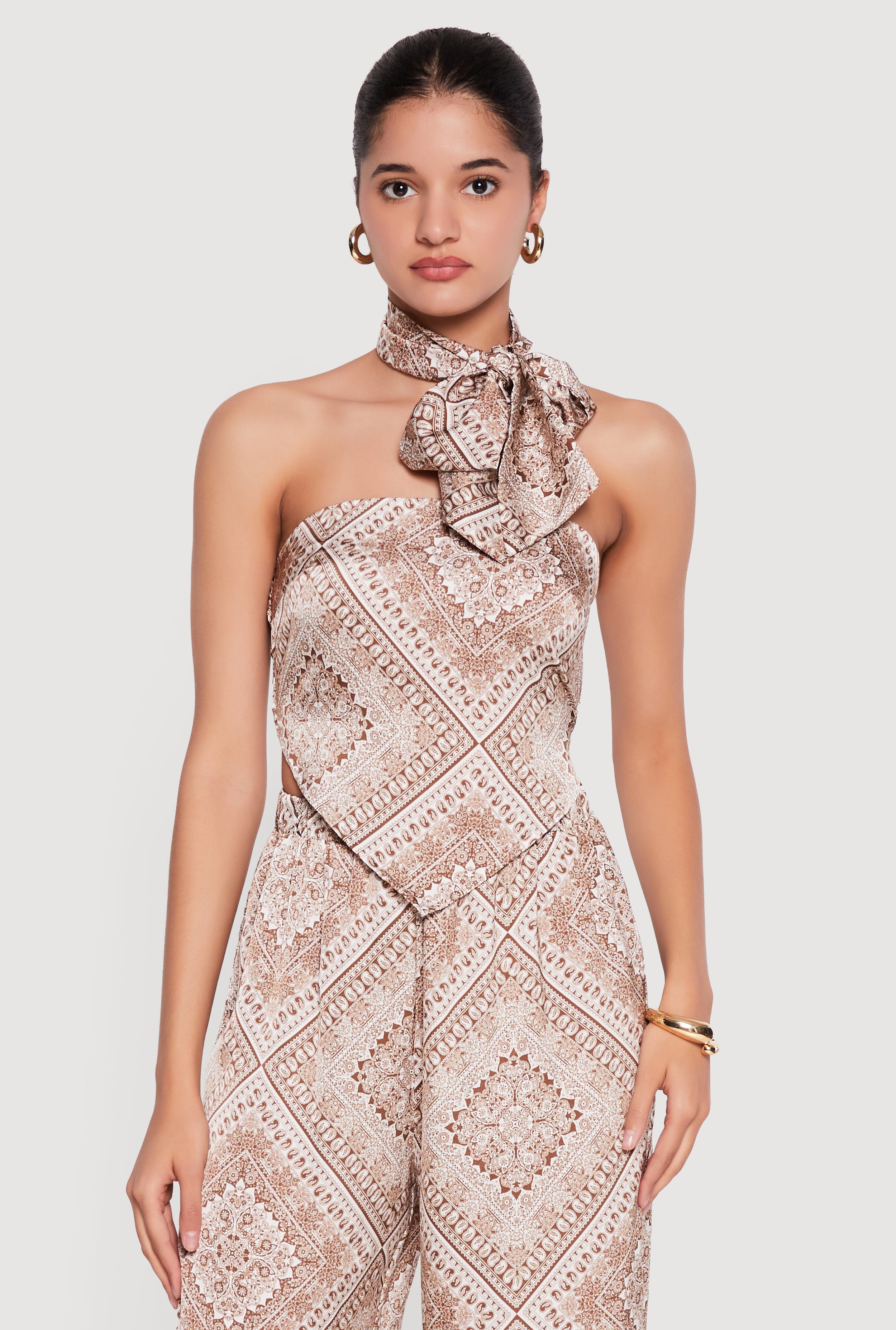 Satin Bandana Print Tube Top with Scarf