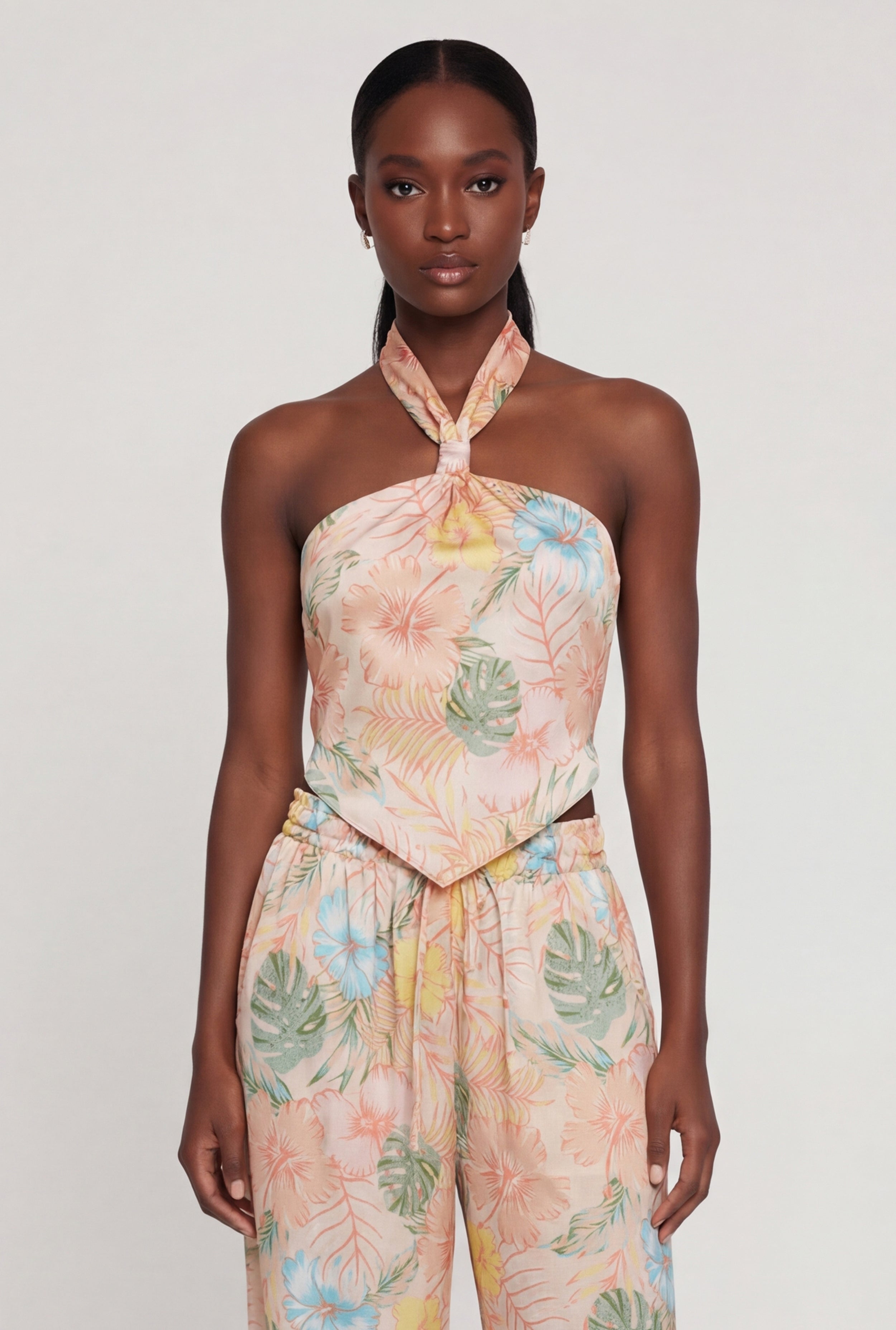 Satin Floral Halter Top with Tie Back