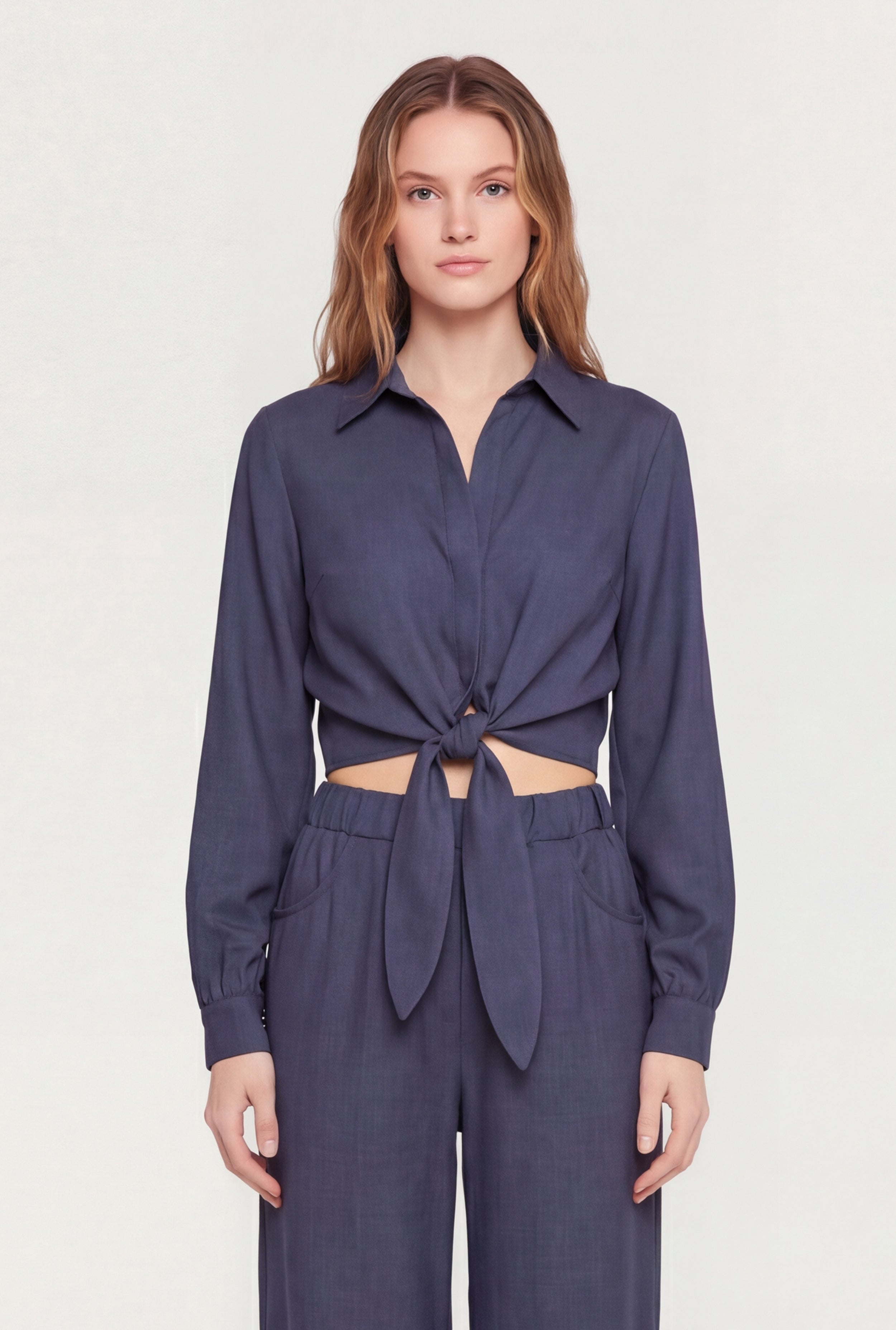 Open Tie Front Long Sleeve Crop Top