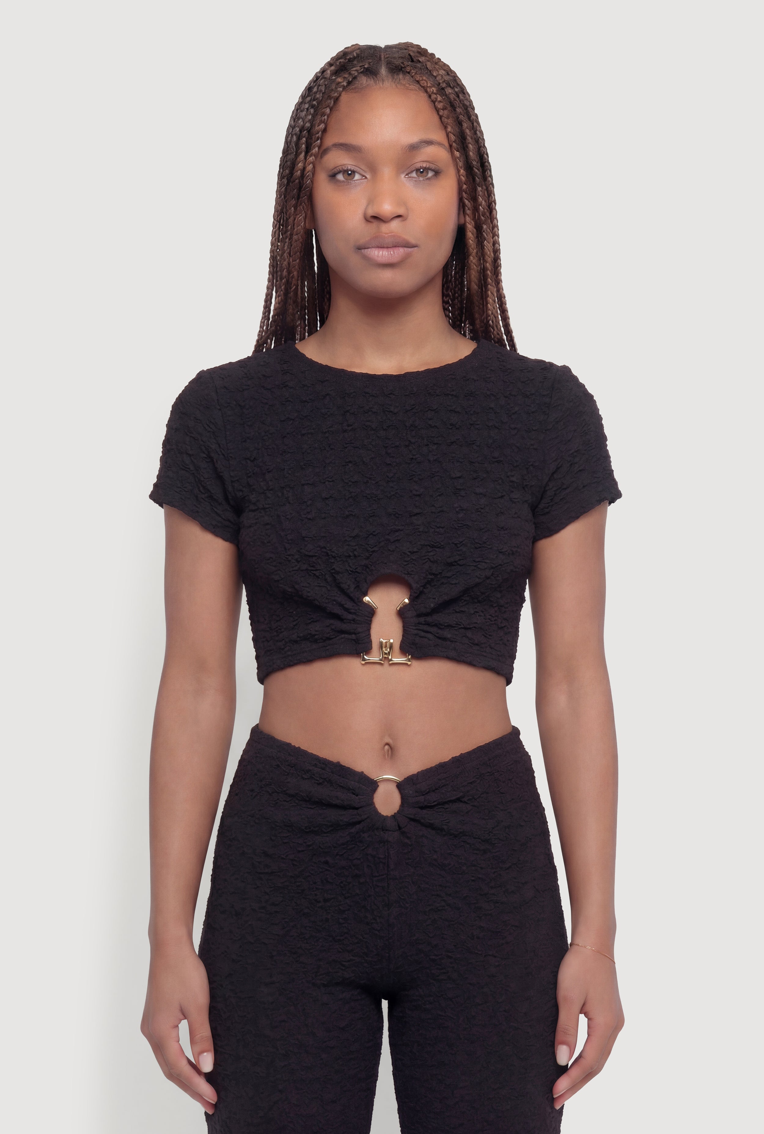 O-Ring Keyhole Textured Knit Crop Top