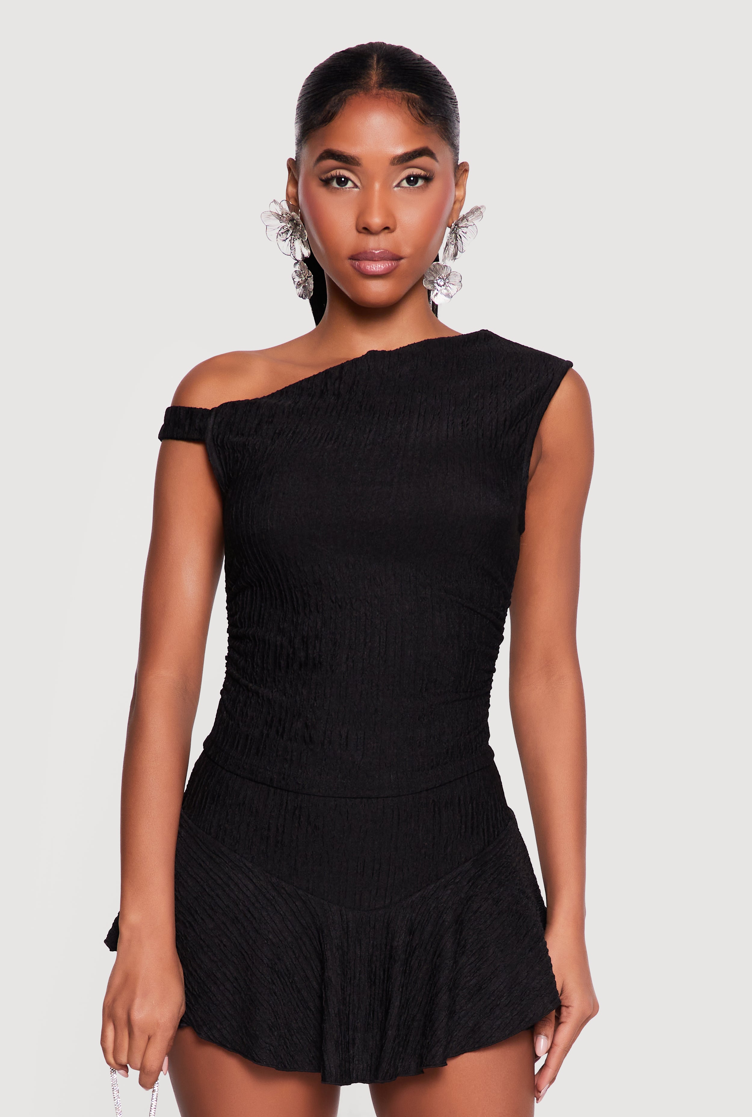 One Shoulder Side Ruched Textured Knit Crop Top