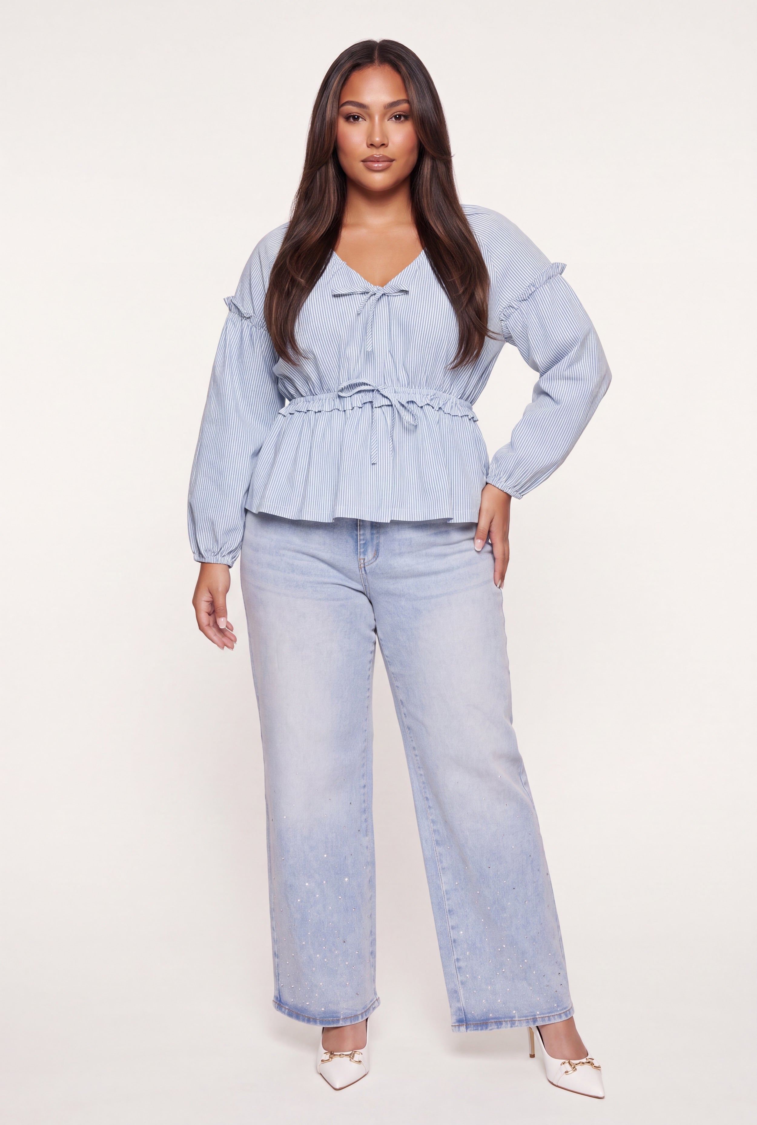 Plus Size Striped Bow Detail Ruffled Top