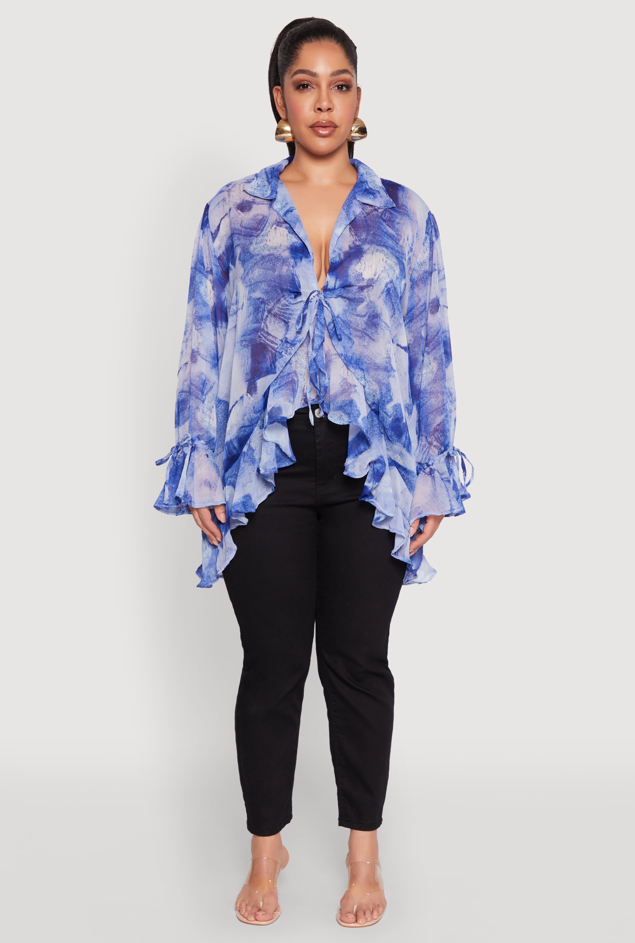 Plus Size Sheer Printed Ruffle Tie Front Top