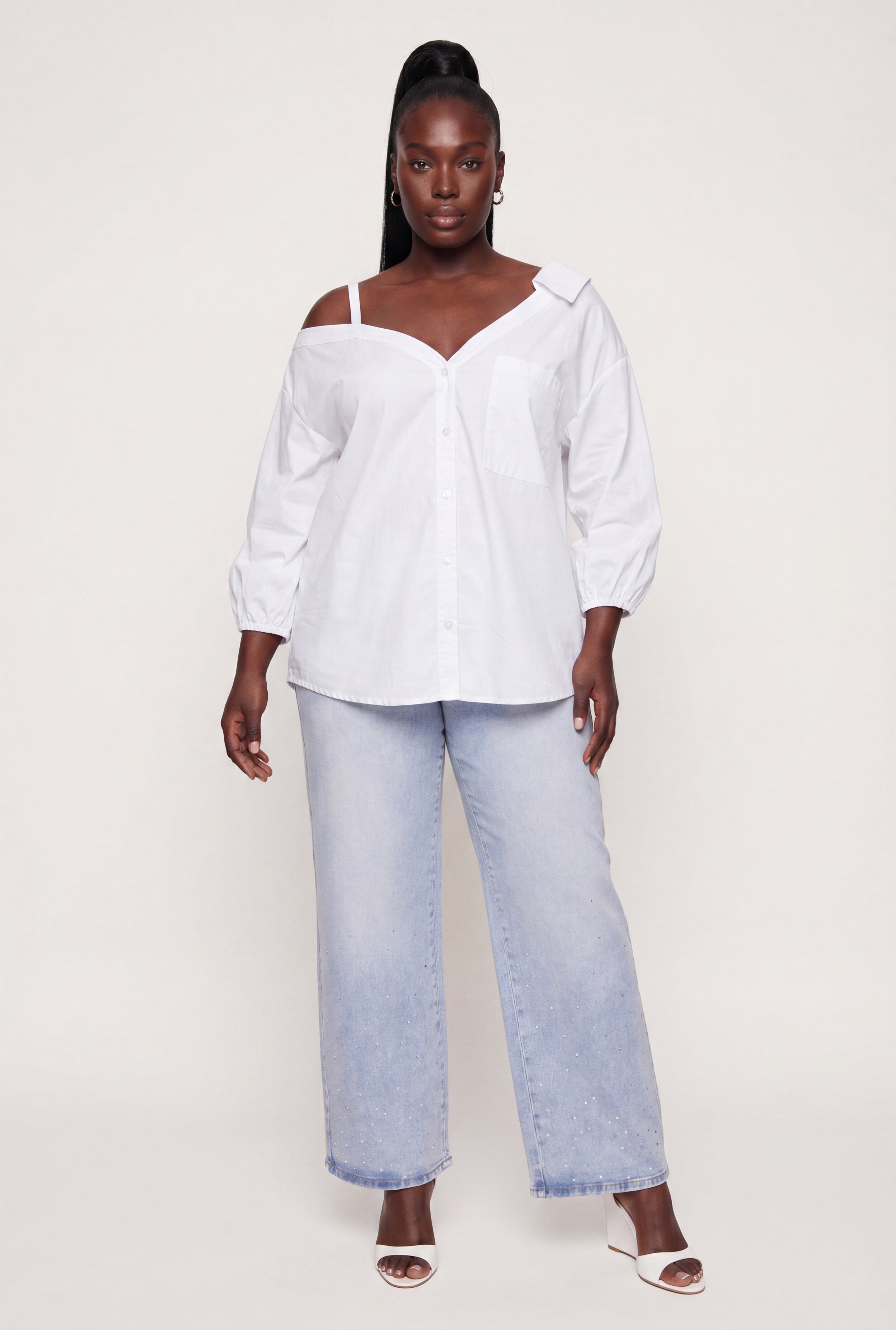 【sheller】flare cuffs one shoulder shirt Plus Size Cold Shoulder Detail Button Front Shirt