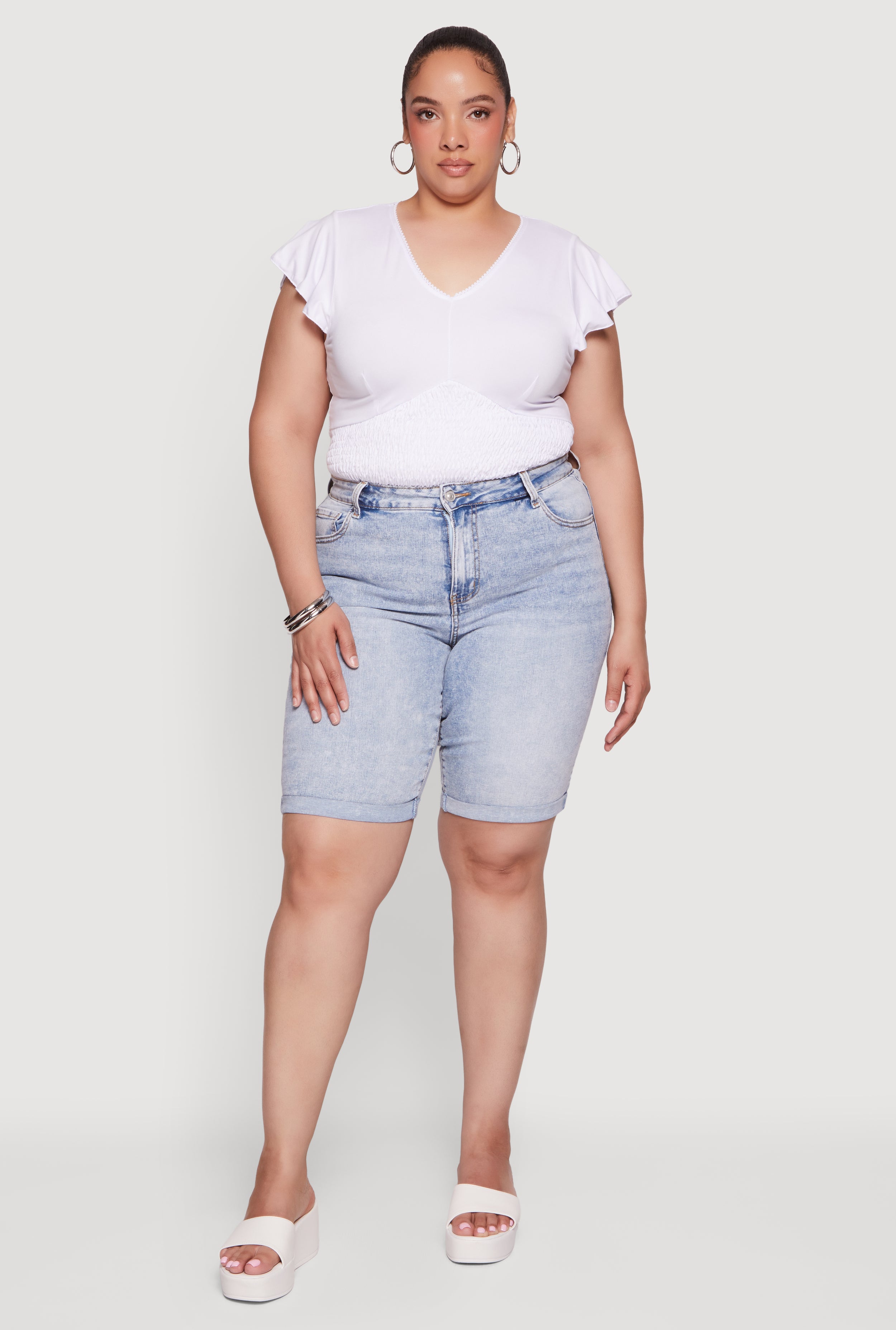 PlusSizeWAXRolledCuffAcidWashDenimShorts