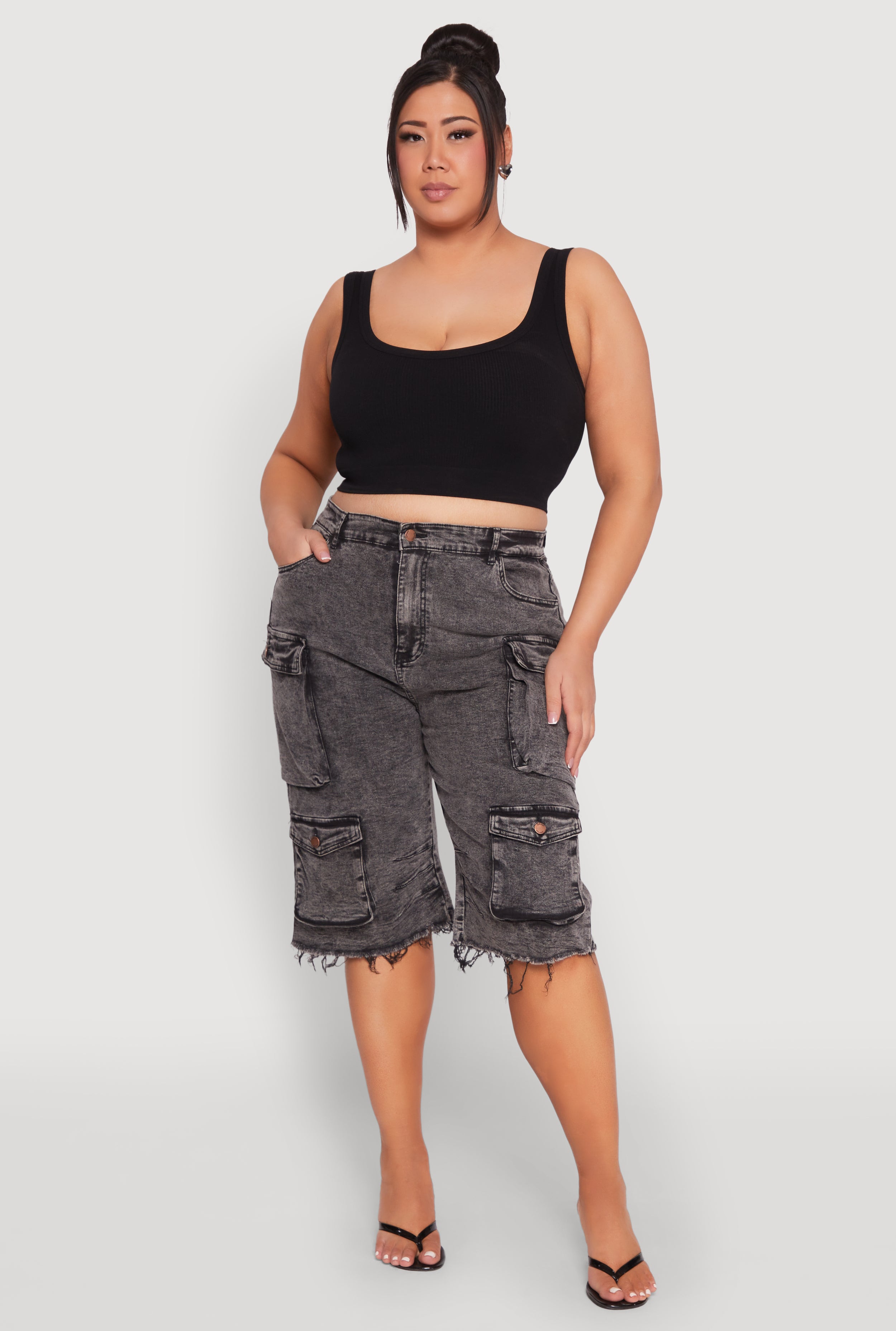 Plus Size Frayed Hem Cargo Bermuda Shorts - Main Image