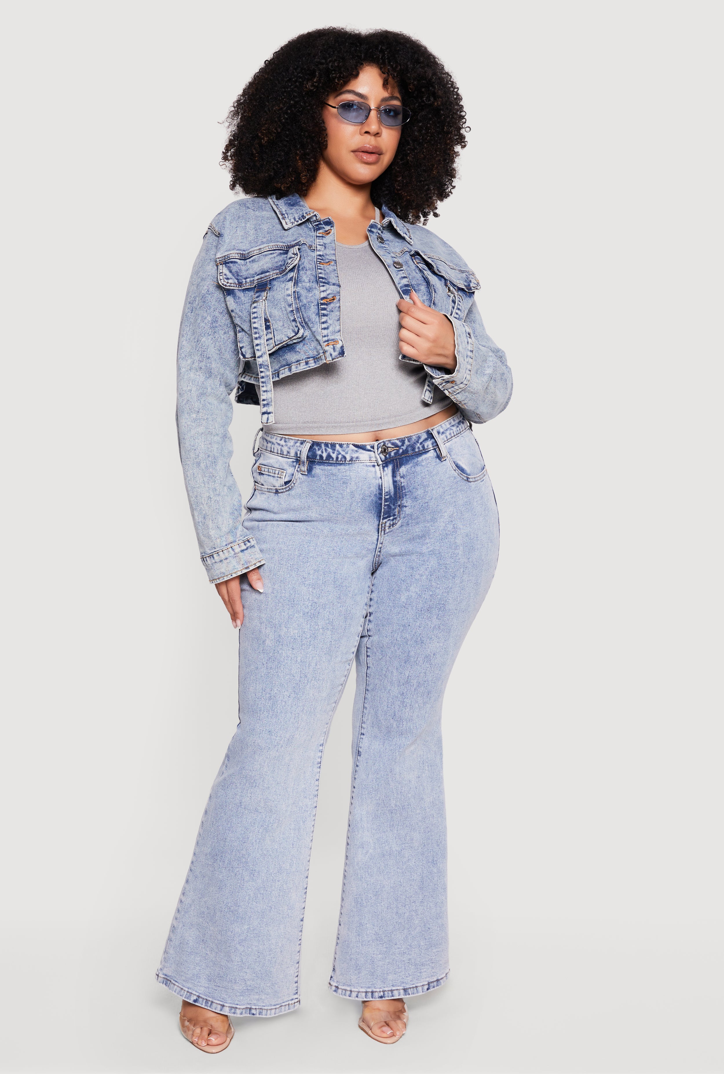 Plus Size Acid Wash Cropped Button Front Denim Jacket