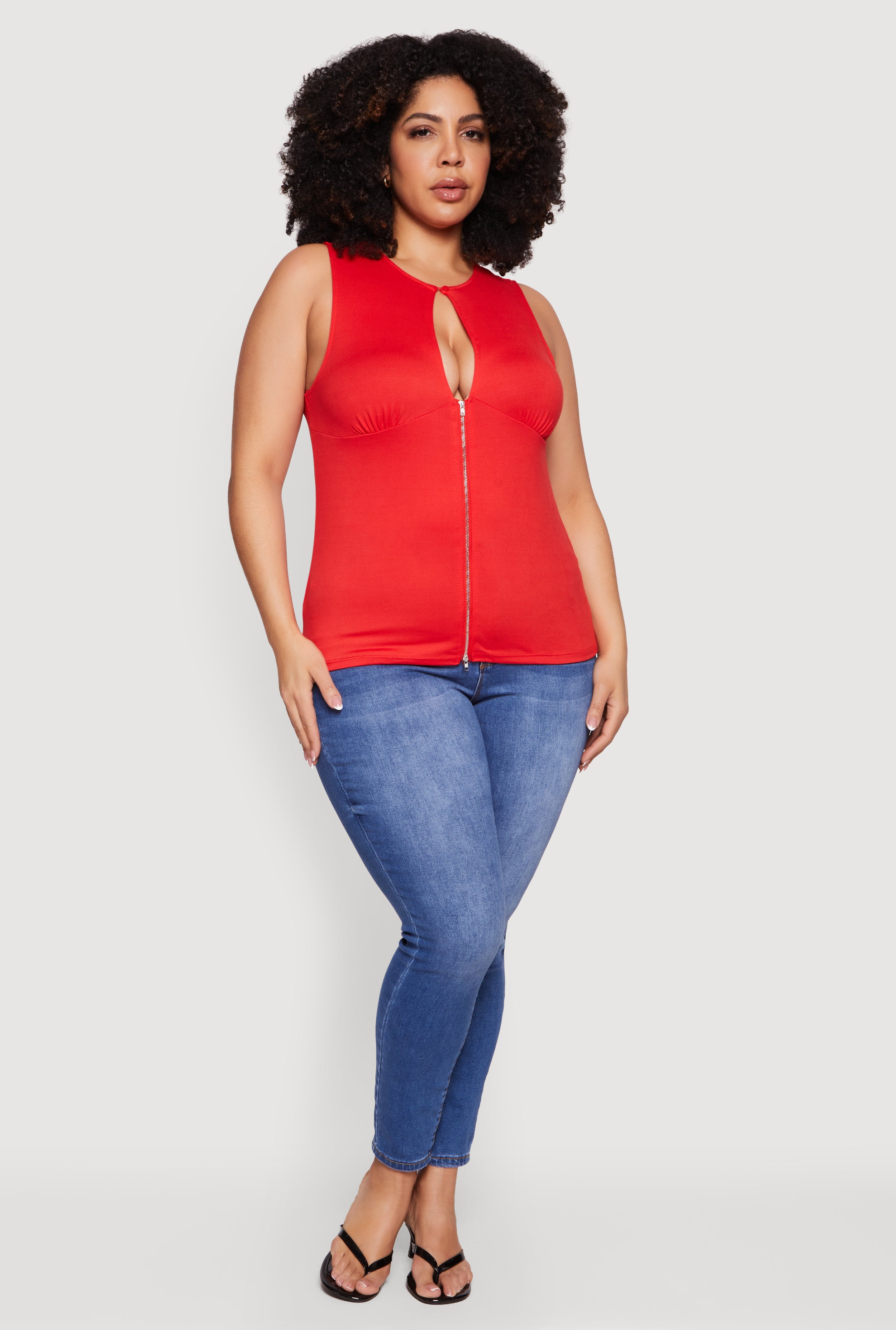 Plus Size Keyhole Detail Ruched Zip Front Top