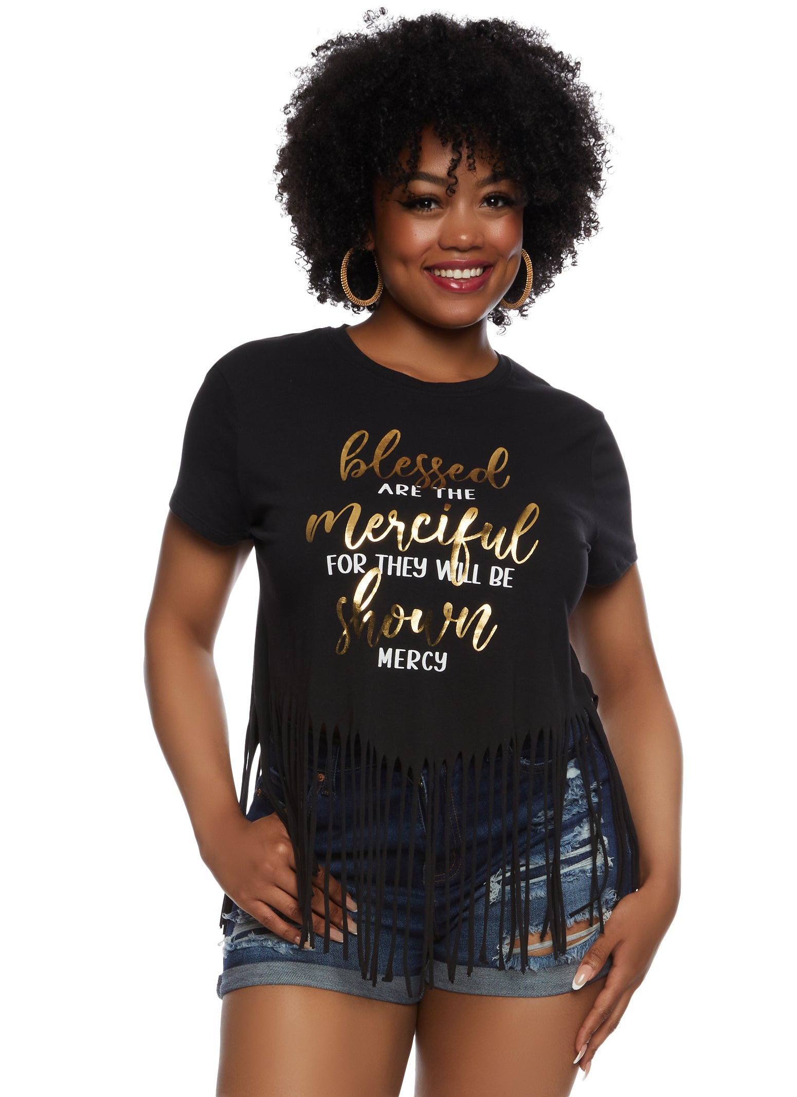 Plus Size Fringe Hem Blessed Foil Graphic T Shirt - Black