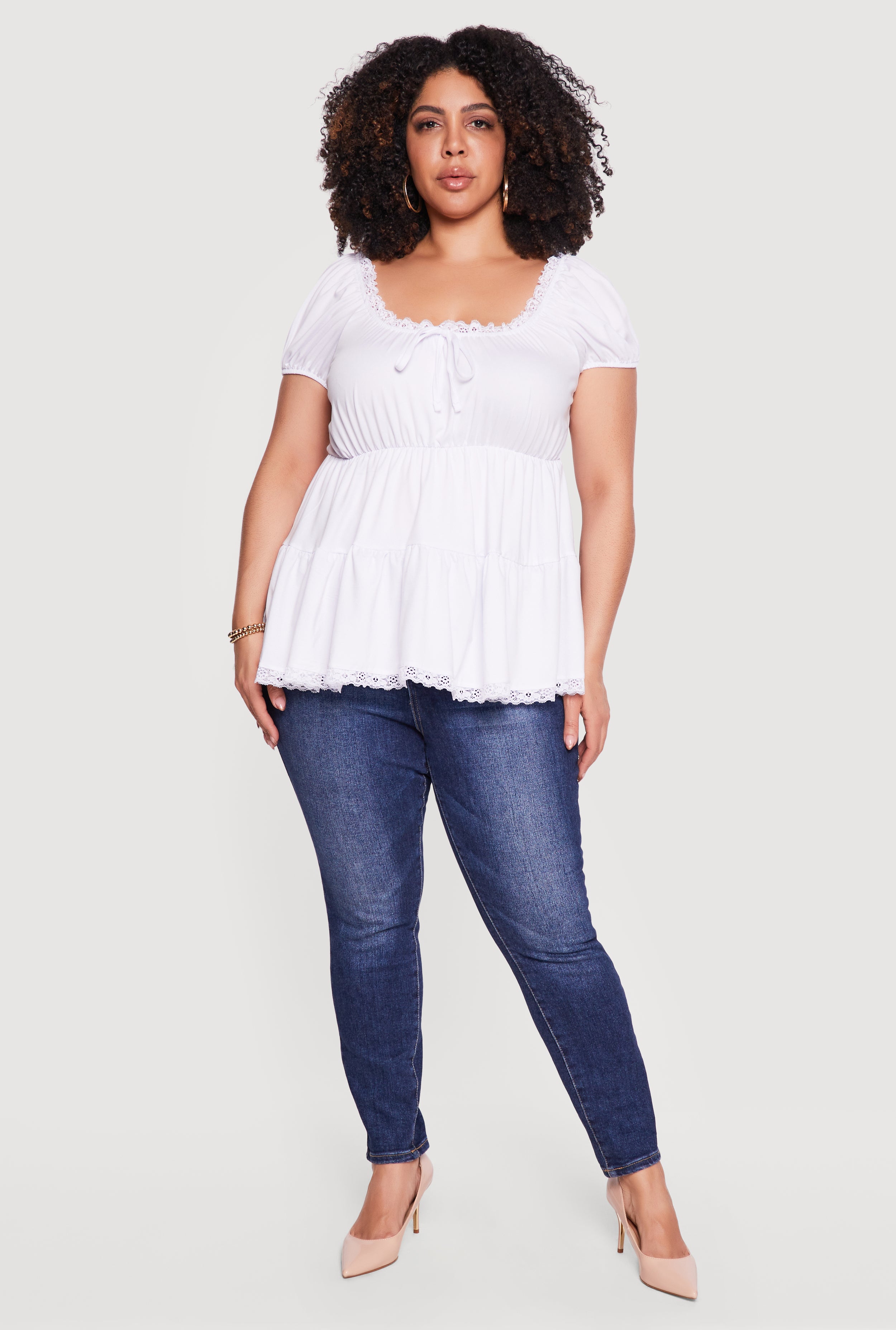 Plus Size Tie Front Short Sleeve Tiered Babydoll Top