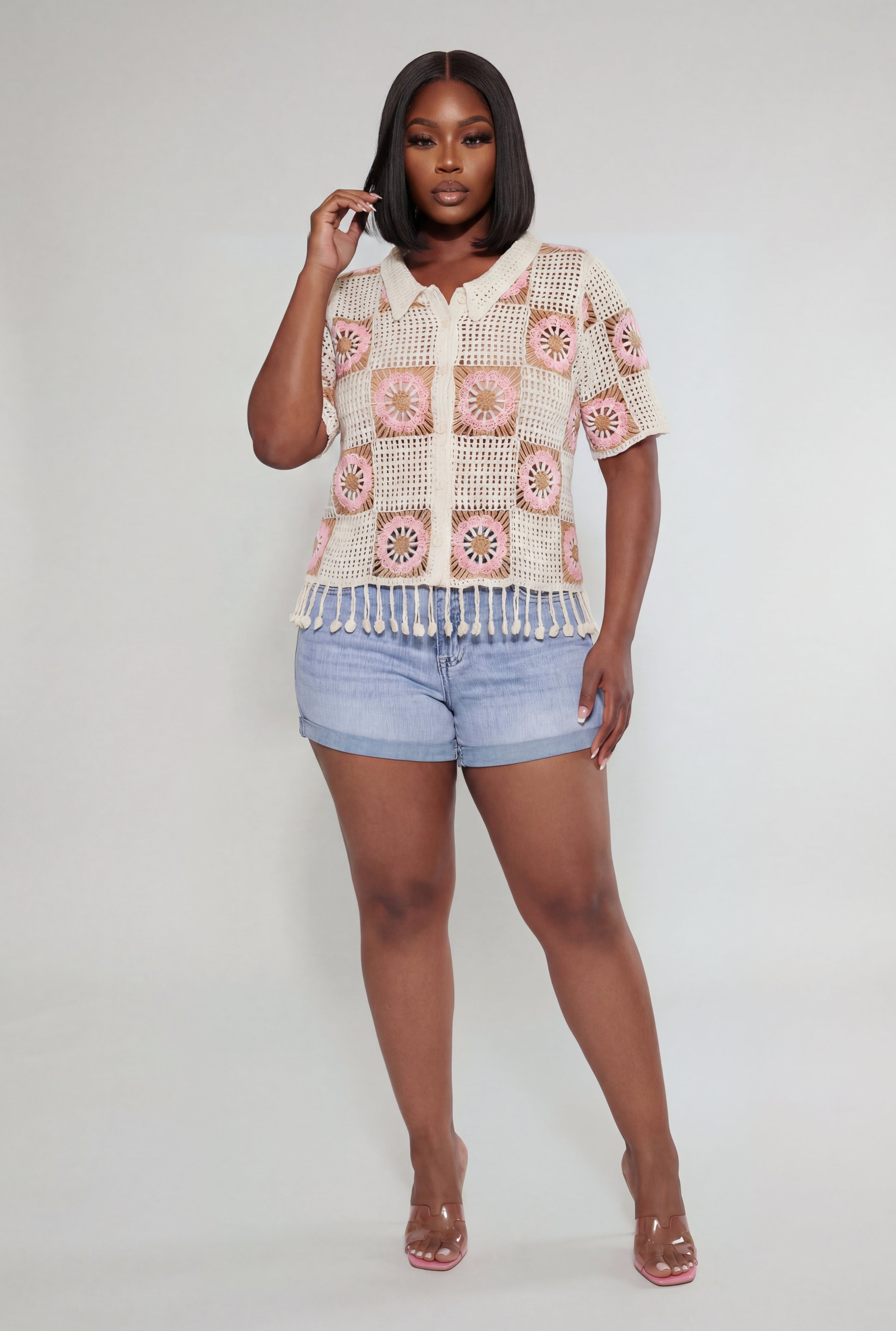 トップス Pompom Plus Size Pom Pom Fringe Hem Crochet Top