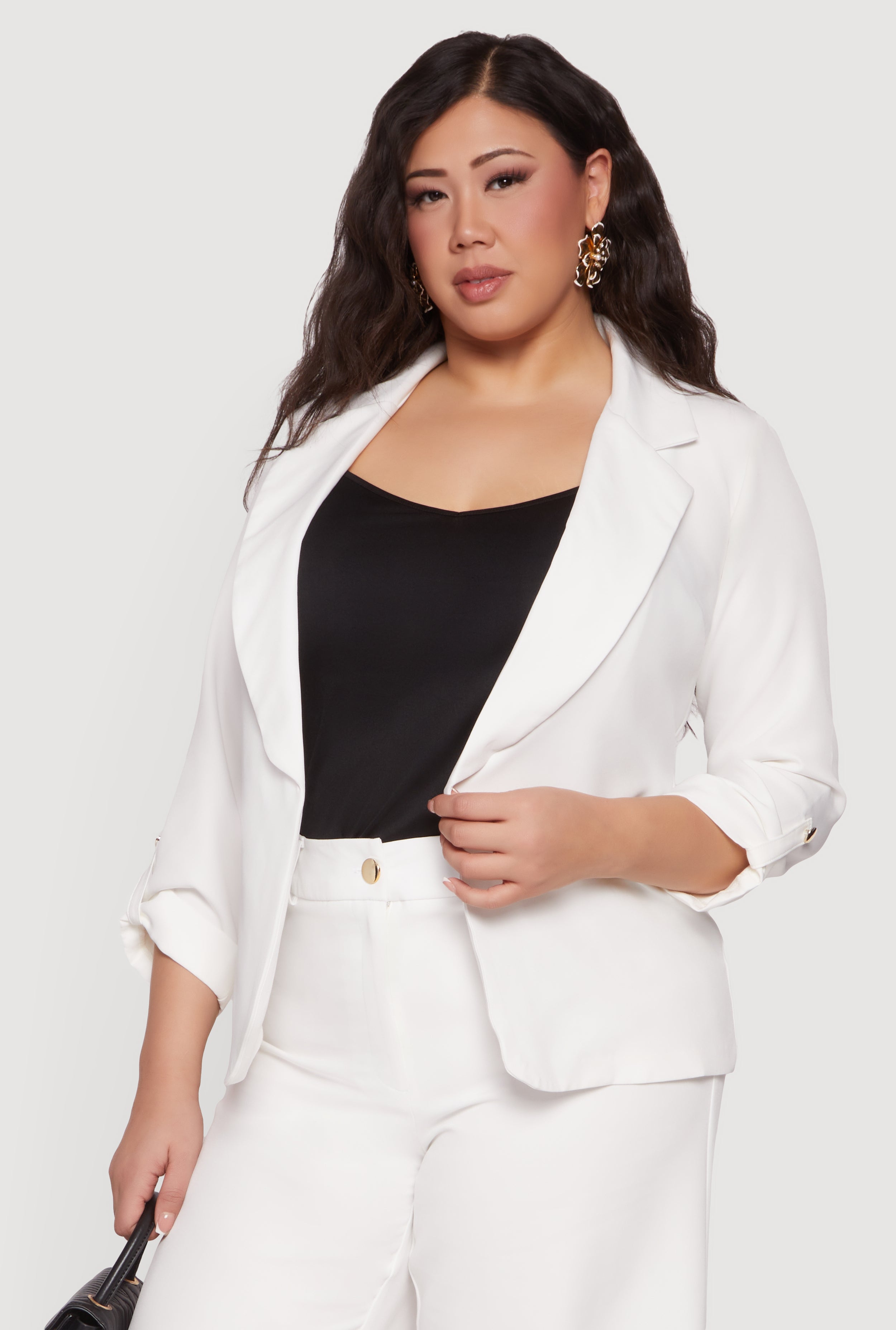 BUBBLES フレアジャケット WHT Mサイズ Plus Size Crepe Knit Tabbed Sleeve Open Front Blazer