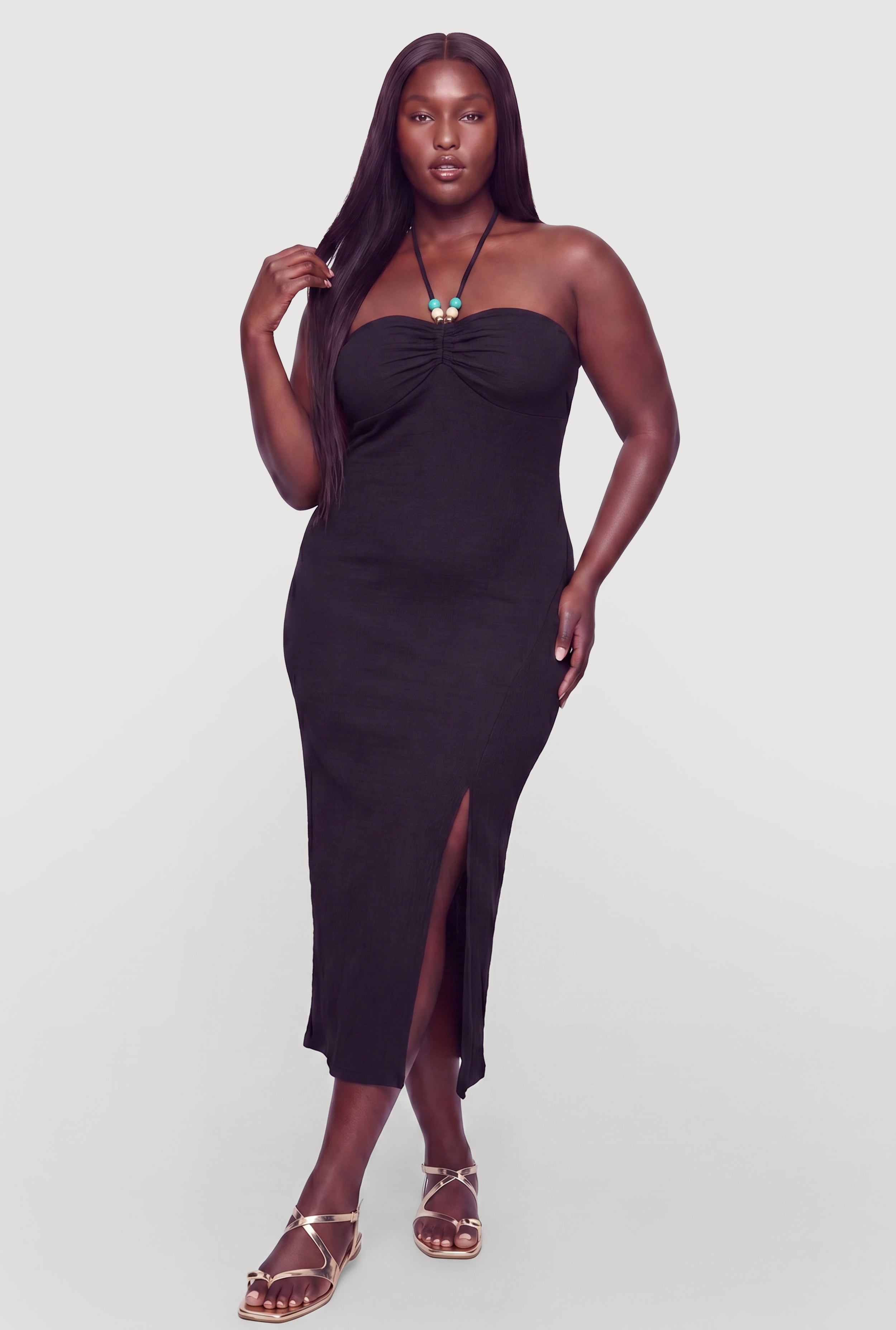 Plus Size Beaded Halter Neck Side Slit Maxi Dress