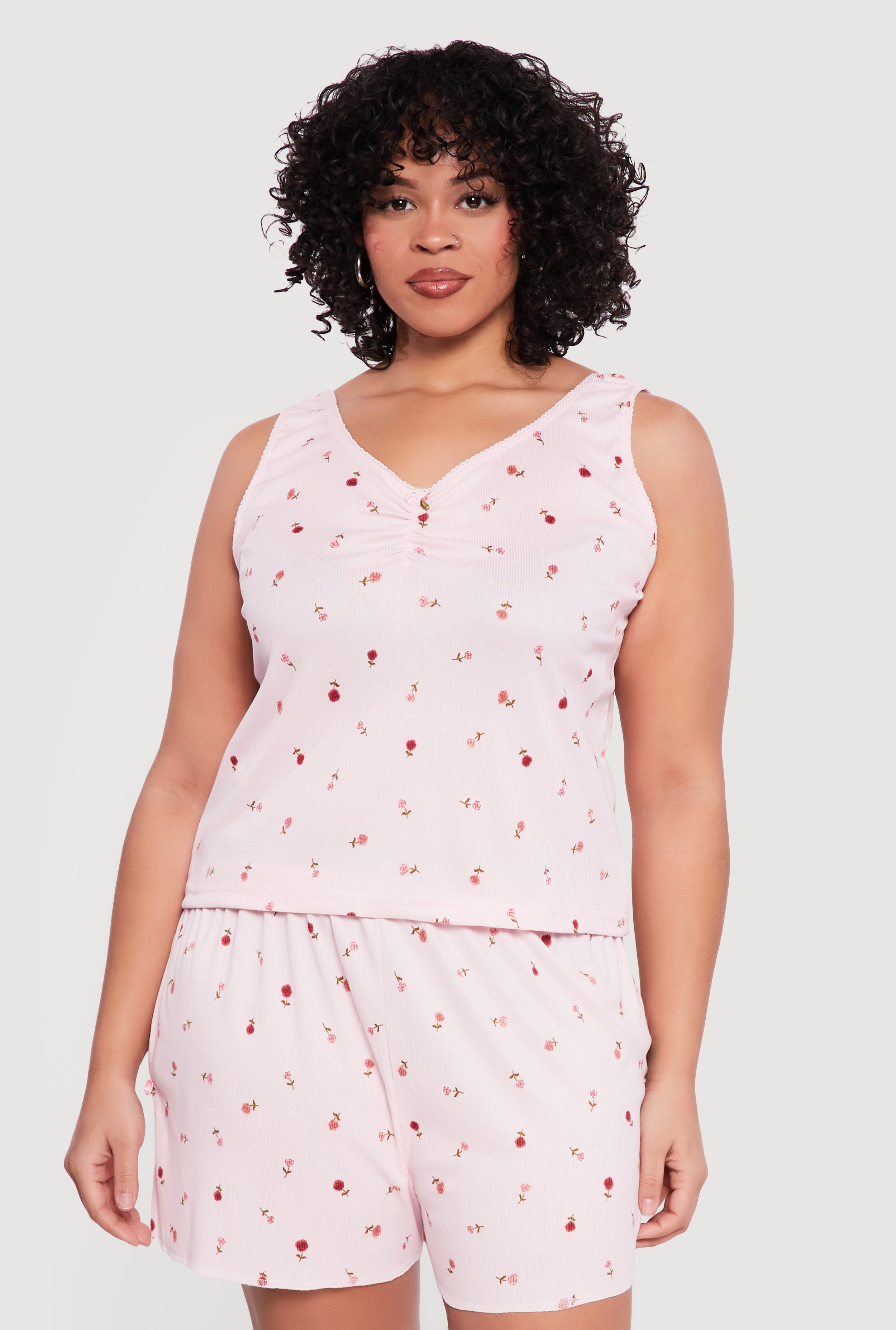 45rpm “ Pâte à chou-パトアシュ” オートミール　キャミソール Plus Size Floral Ruched Pajama Top and Shorts Set