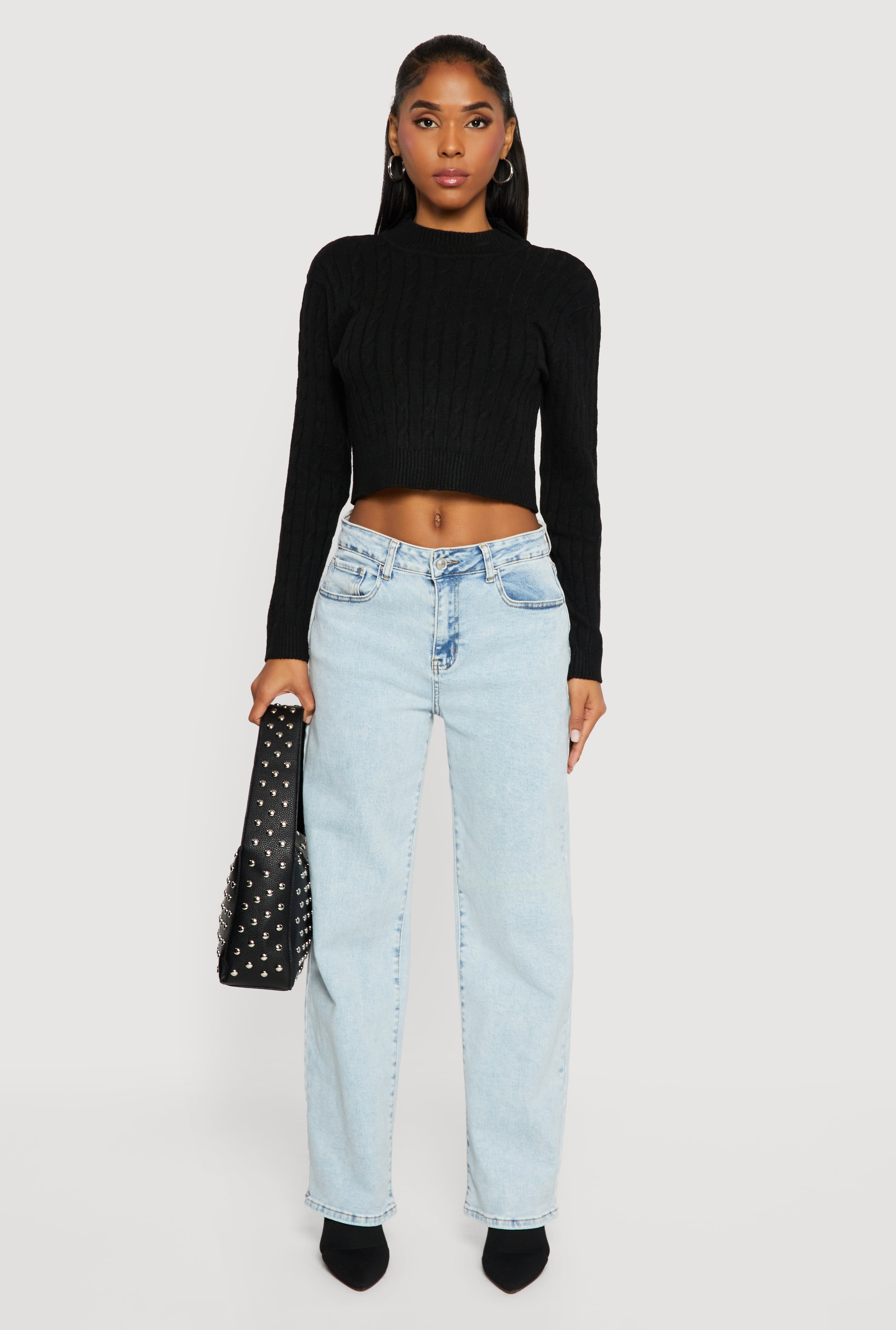 Cable Knit Mock Neck Long Sleeve Cropped Sweater