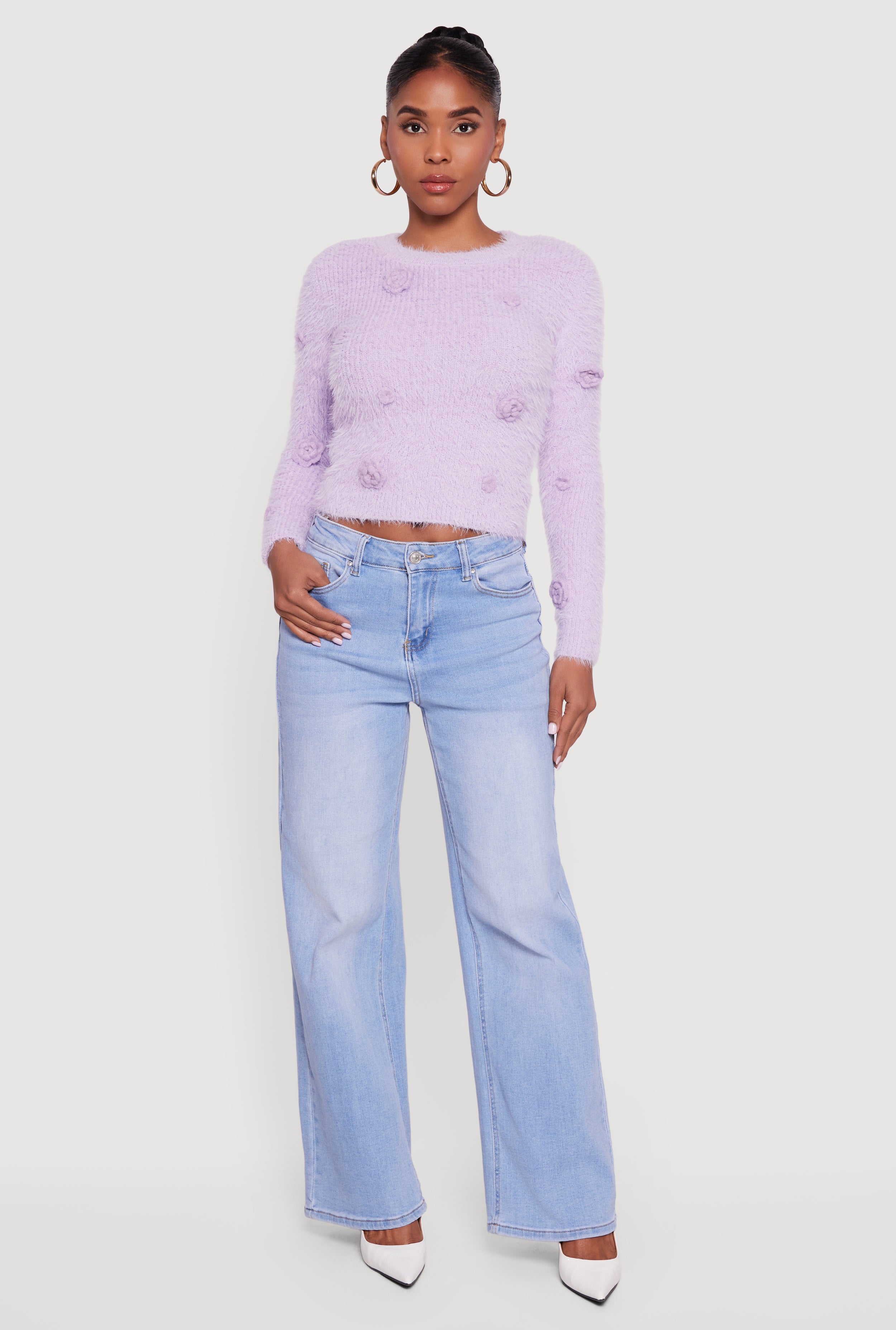 Rose Applique Long Sleeve Eyelash Knit Sweater