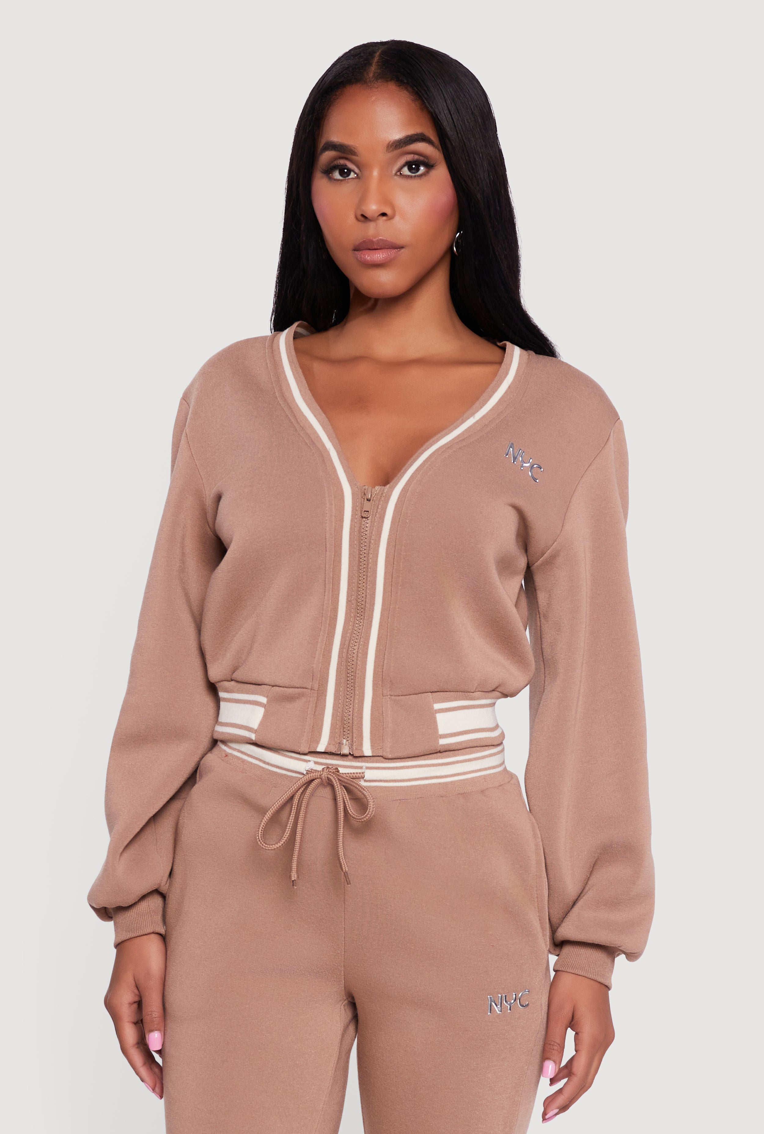 NYC V-Neck Zip Front Cropped Sweatshirt