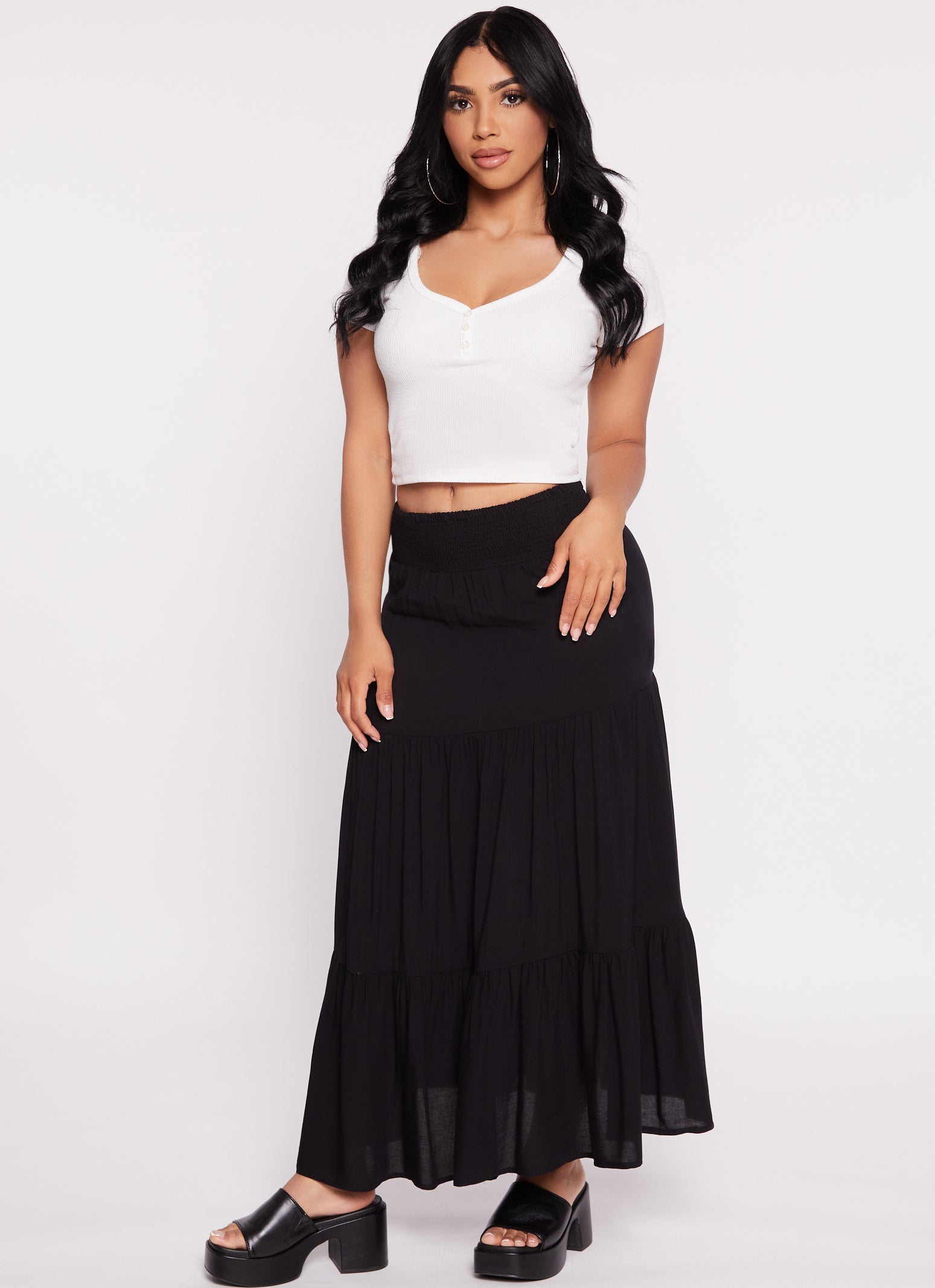 Smocked Waist Tiered Maxi Skirt - Black