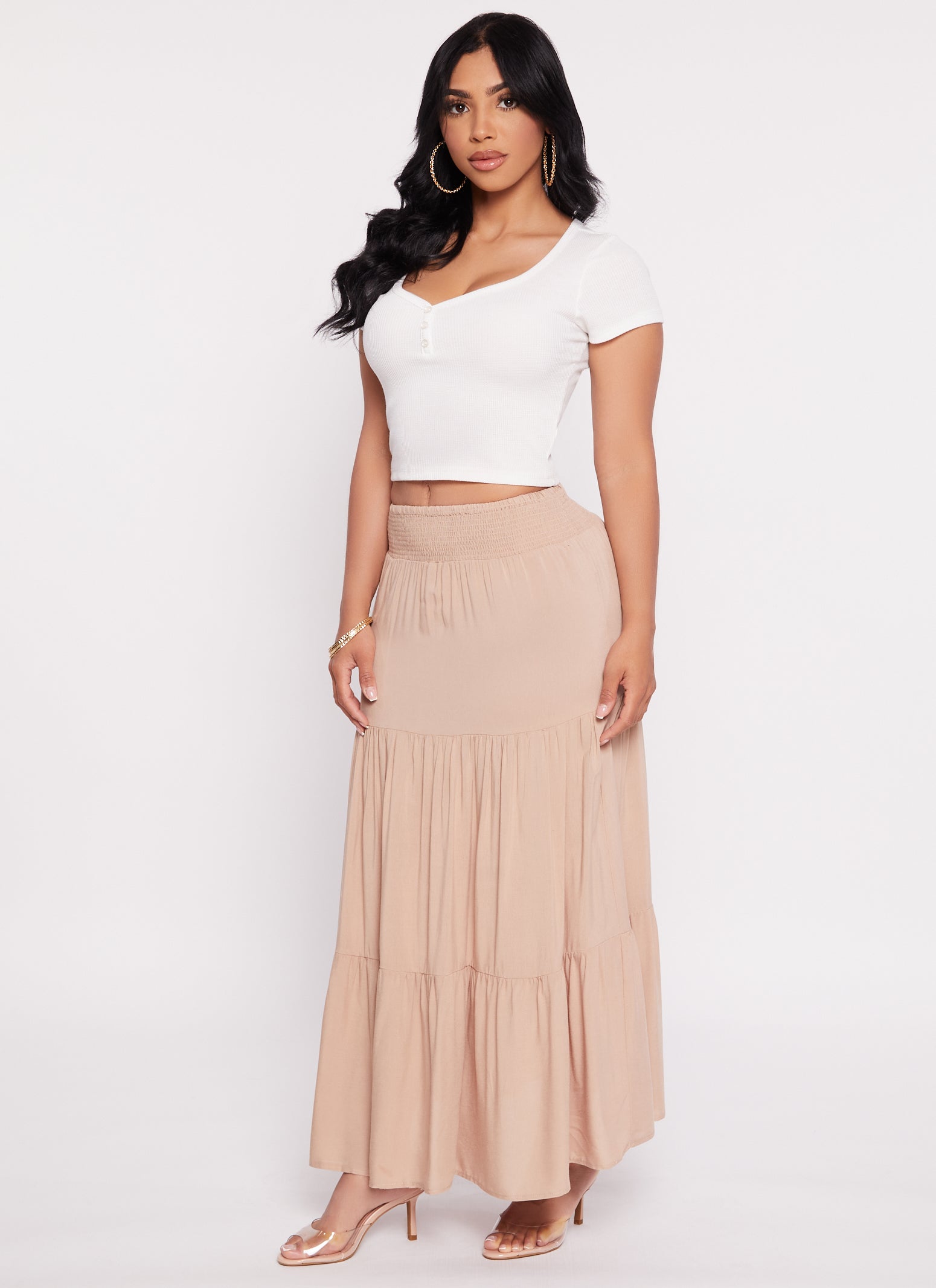 Smocked Waist Tiered Maxi Skirt - Khaki