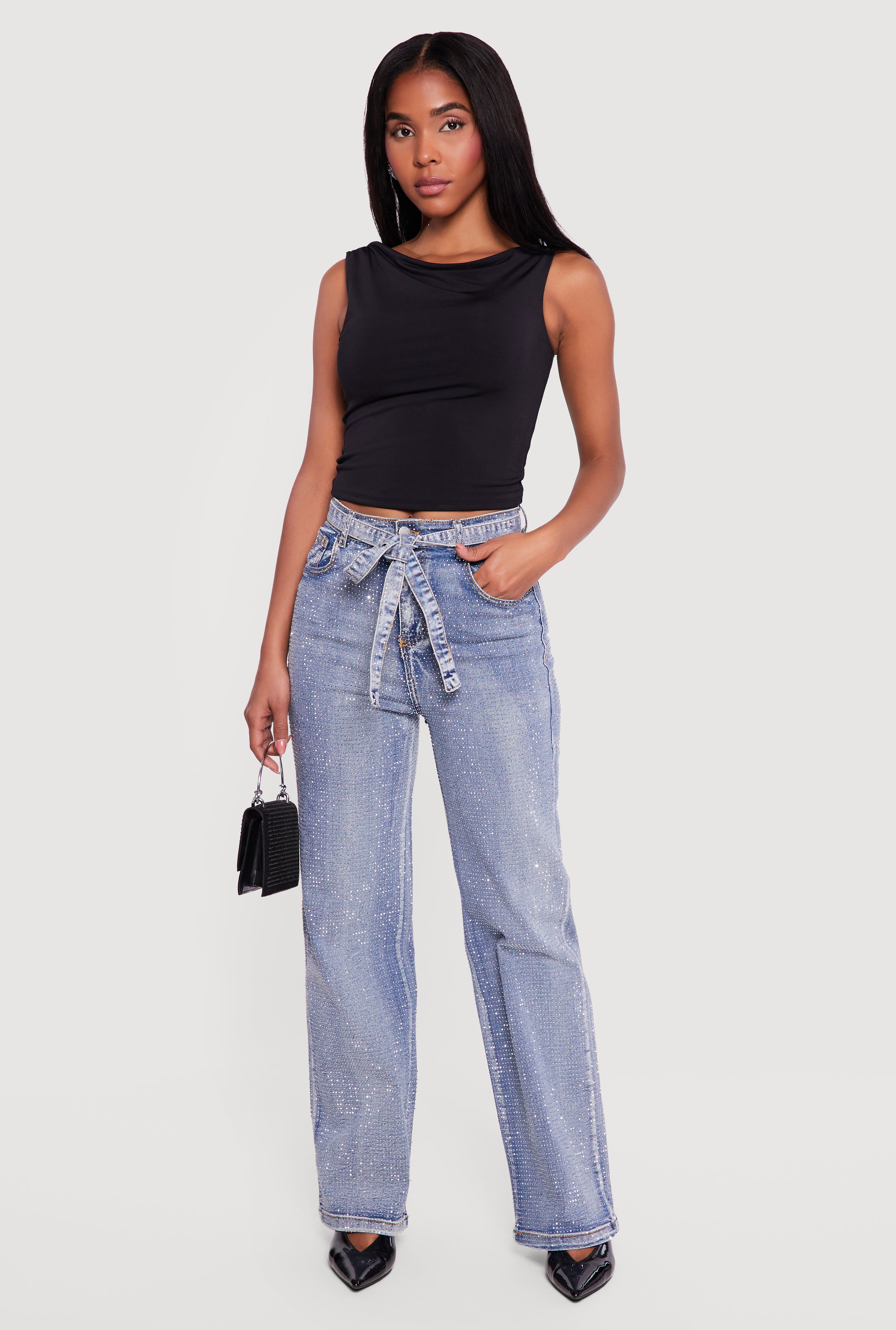 High Waisted Tie Waist Belted Rhinestone Studded Jeans display picture 2