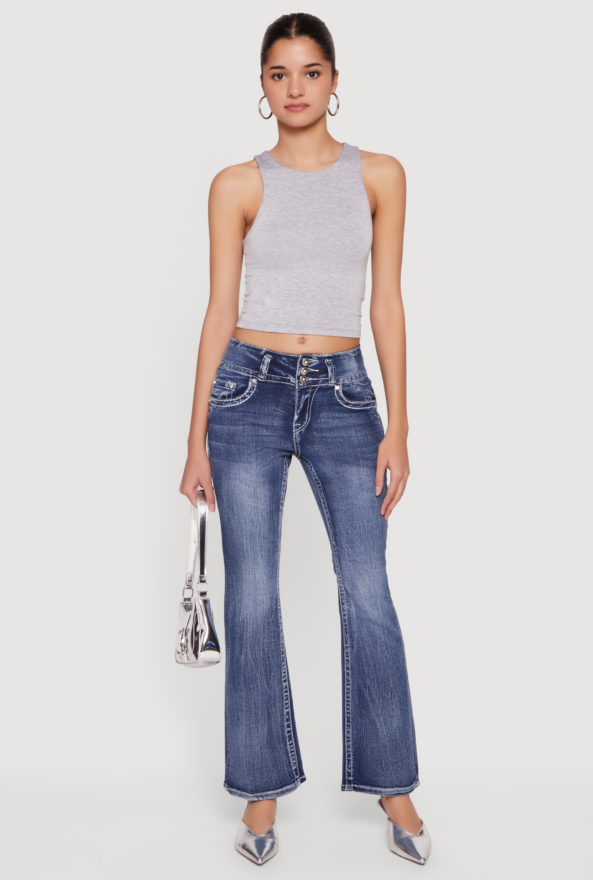 Rhinestone Cross Embroidered Flare Leg Jeans