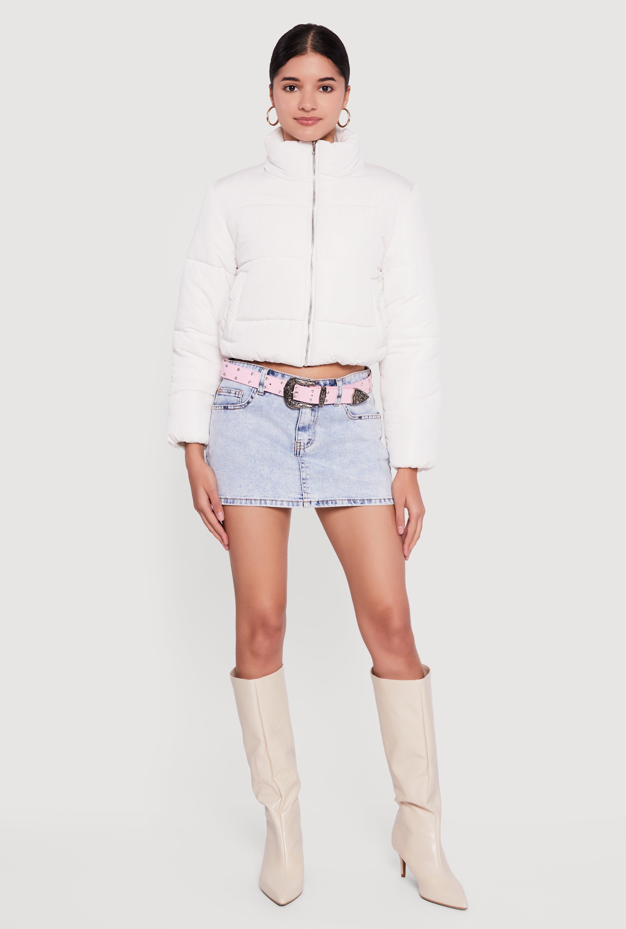 Solid Cropped Zip Front Puffer Jacket
