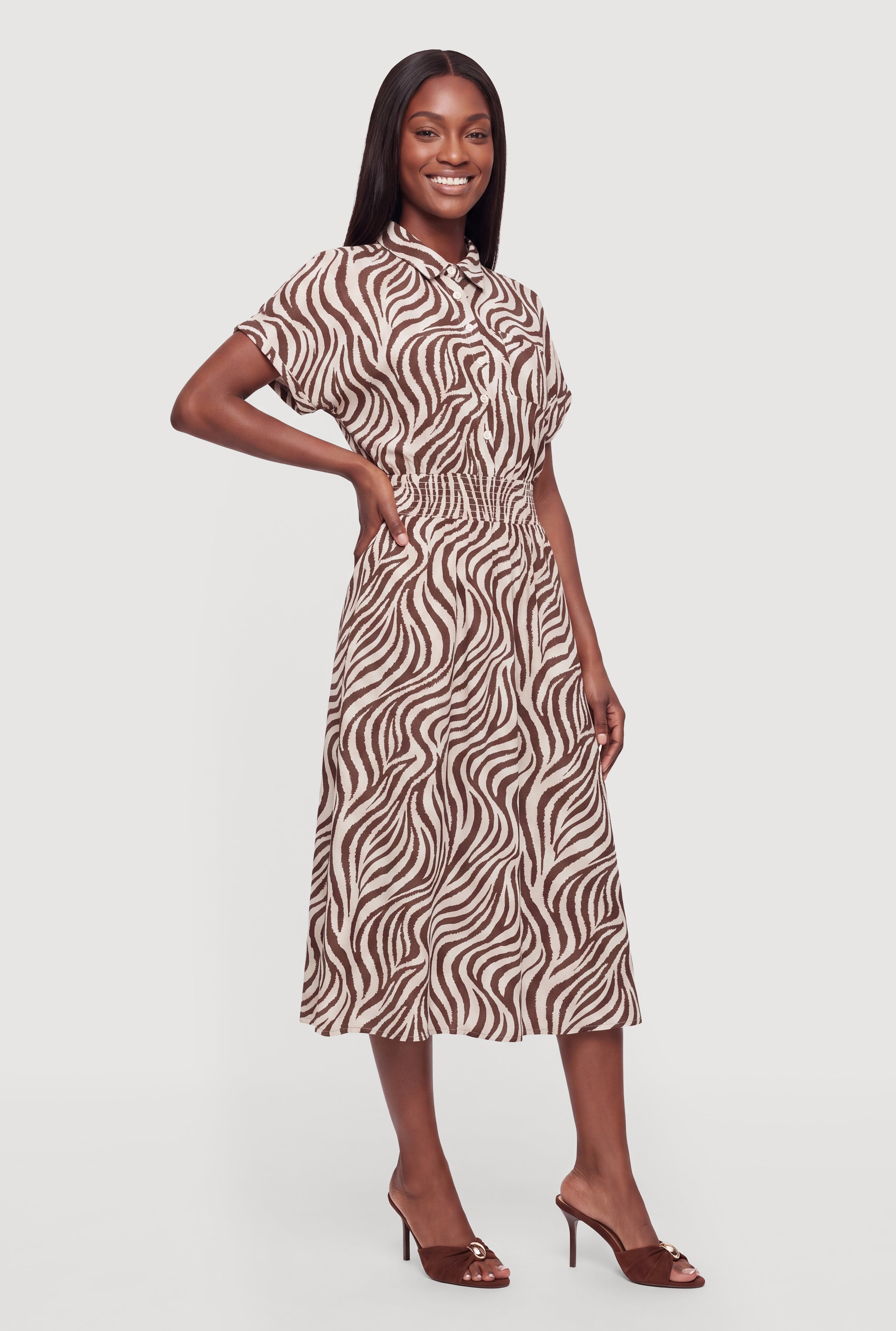 Zebra Print Cinched Waist Midi Shirt Dress