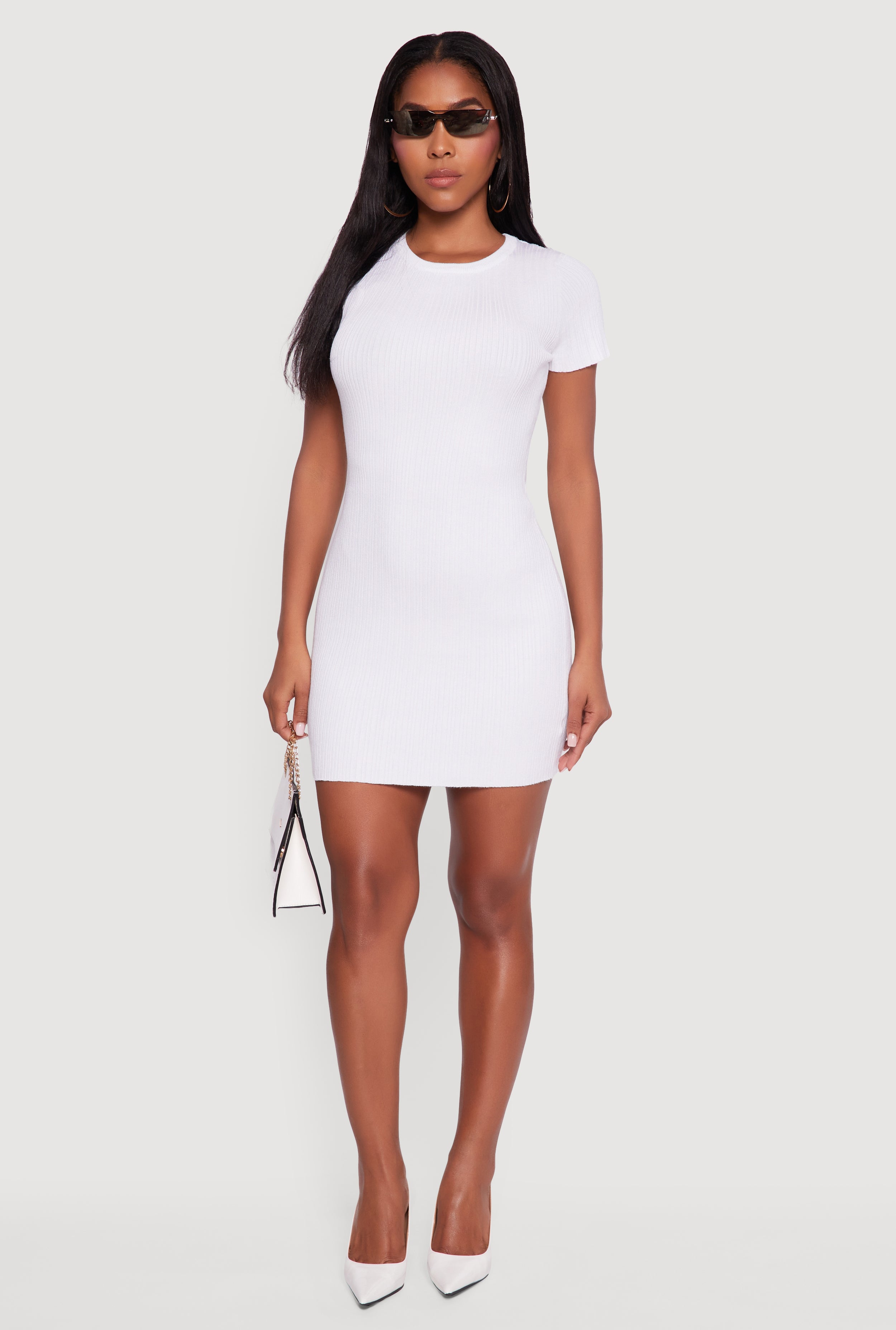 Short Sleeve Ribbed Knit Sweater Dress
