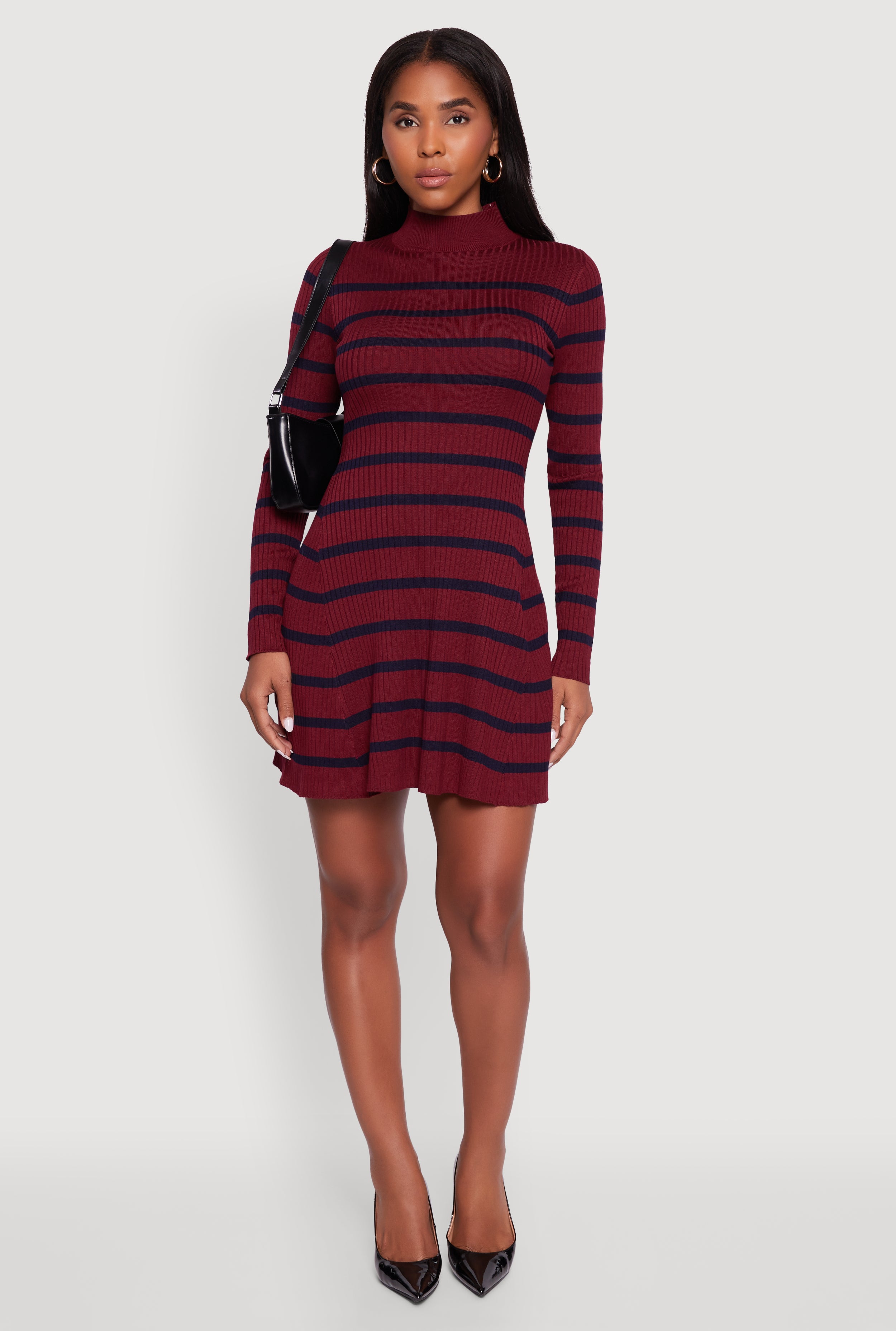 striped knit sweater dress Mrat Sporty Dresses for Women Women's Fall Striped Sweater Dresses Casual Long Sleeve Crew Neck Knit Sweater Midi Dress Modest Dresses S-166 Black M,